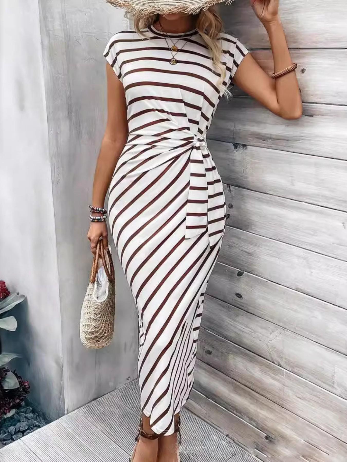 Elegant Waist Tie Striped Round Neck Short Sleeve Long Dress, Summer High-End Women's Fashion, Cross-Border Chic Clothing