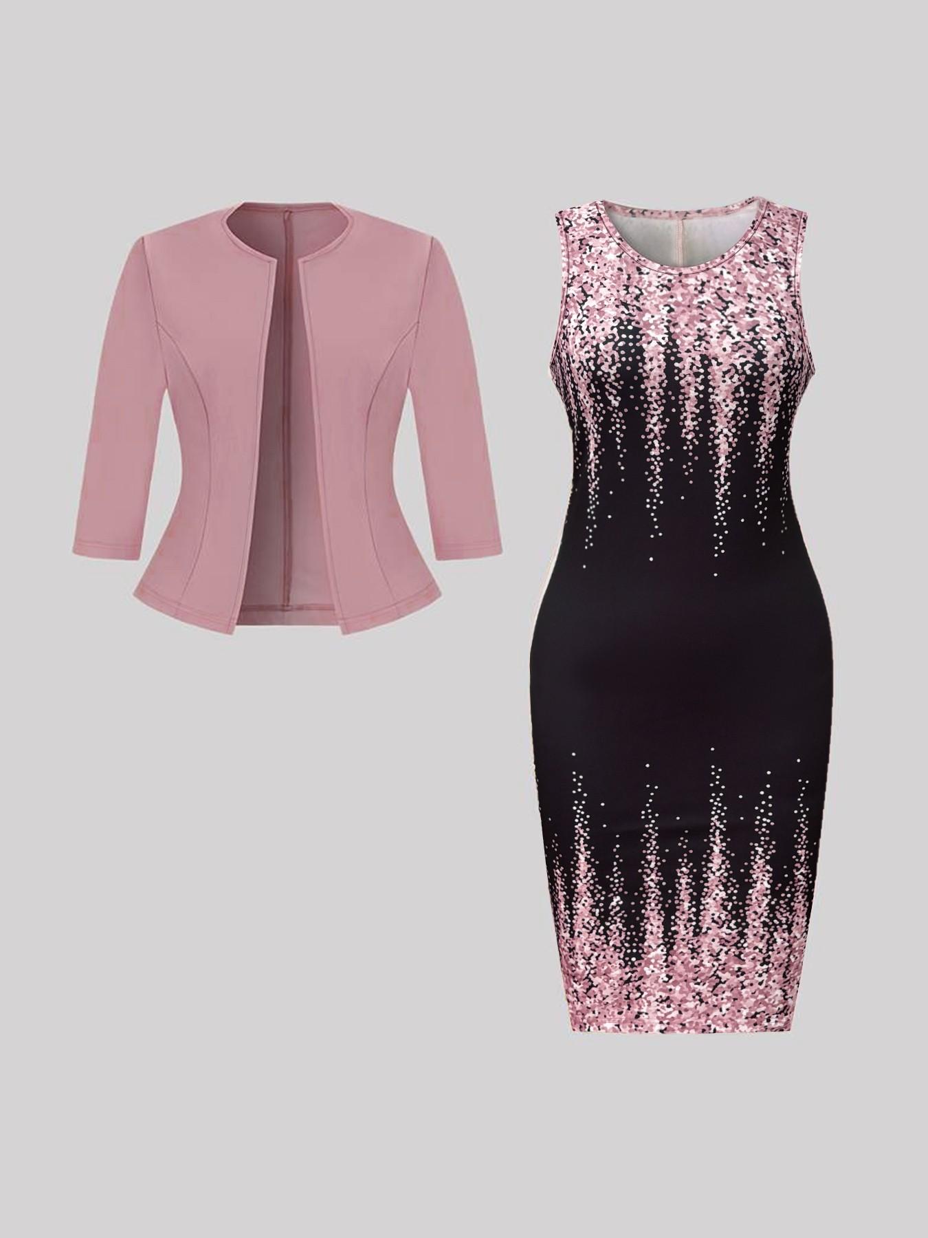 (short skirt) (small size) (general fabric) (printing design) Spring, summer and autumn knitted cardigan blouse with slim waist and printing design; classic straight dress, two-piece suit, suitable for women; elegant wedding guest dress