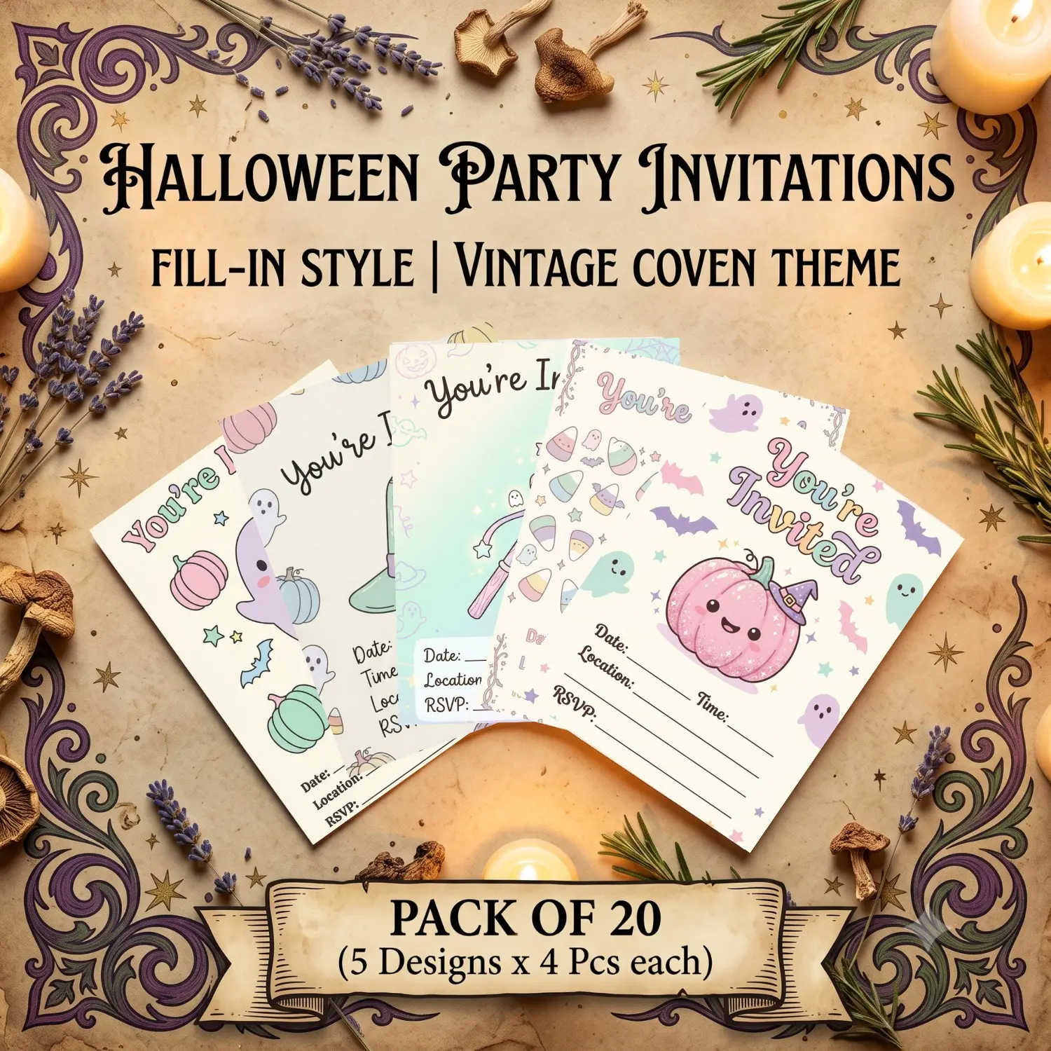 Danish Pastel Halloween Party Invitations Set, 20 Pack 5x7 Inch Fill-In Cards with Envelopes, Perfect for Festive Celebrations