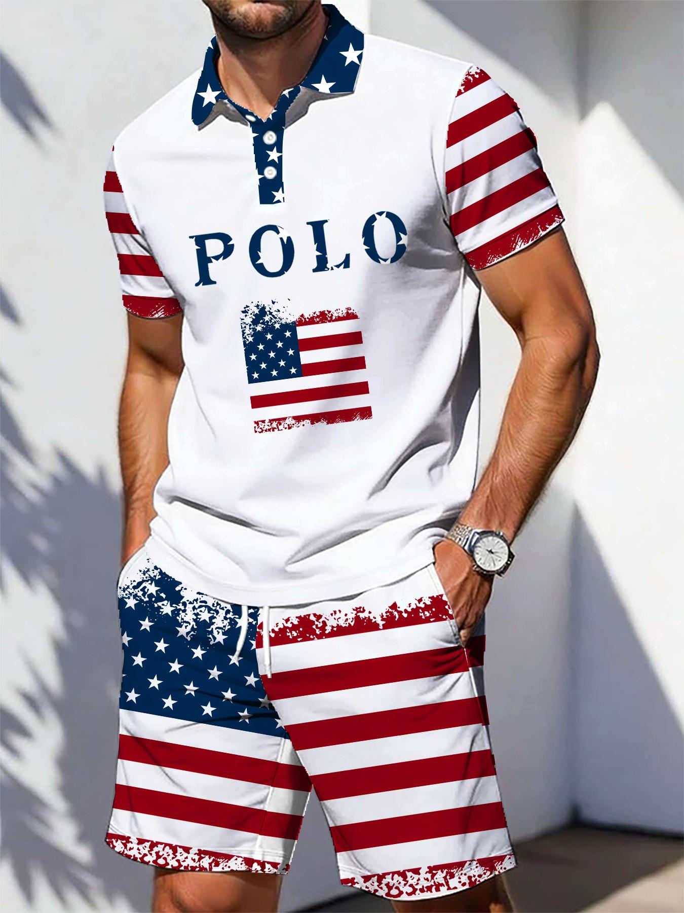Independence Day Polo Letter Theme Men's Polo Shirt, Star-Spangled Flag Print, Casual Two-Piece Set, Short Sleeve, Loose-Fit Tee and Shorts
