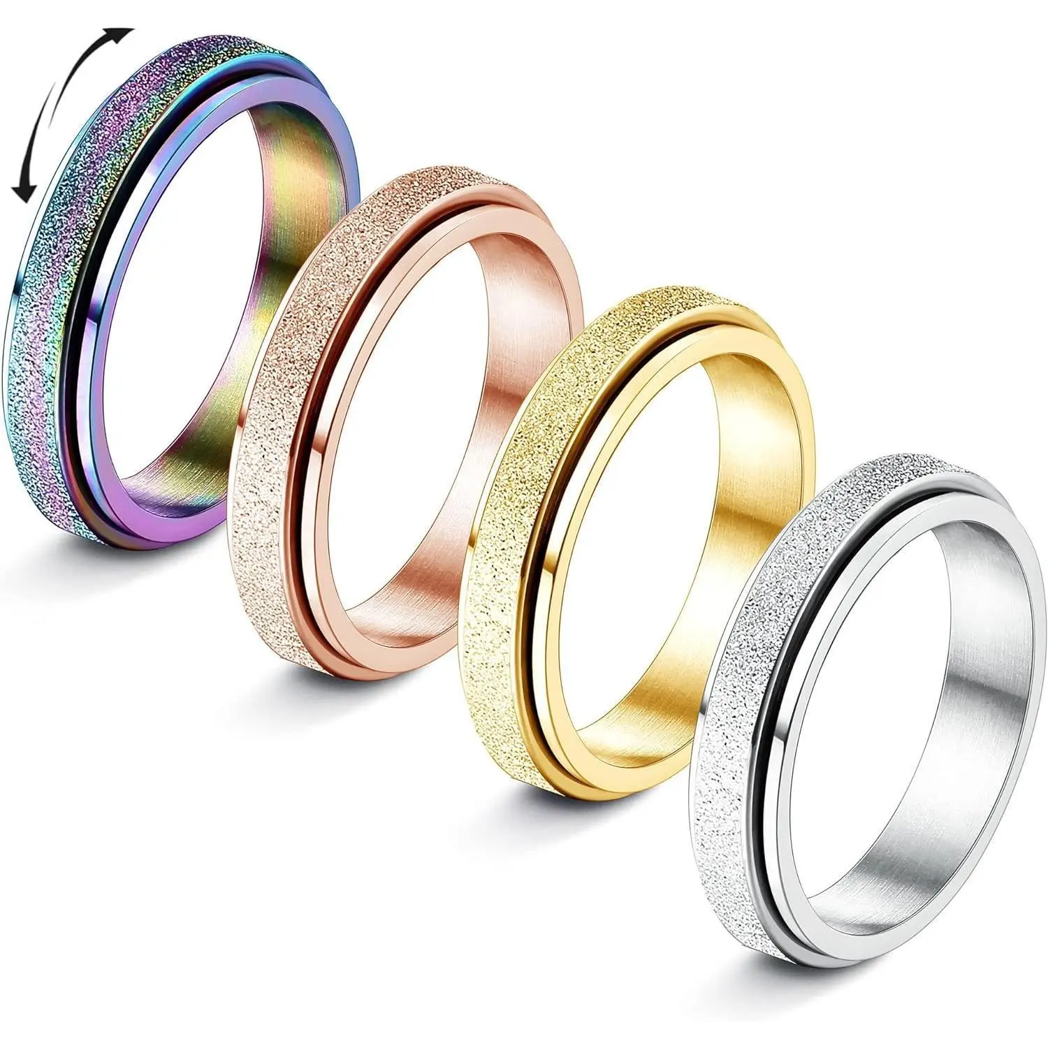 CASSIECA 4-Count Anxiety Relief Fidget Rings for Adults, 2/4mm Stainless Steel Stacking Spinner Rings with Sandblast Glitter Finish, Size 5-9, Comfortable Smooth Daily Rotation, Ideal Gift, Stacking Rings, Fidget For Adults Sohochic
