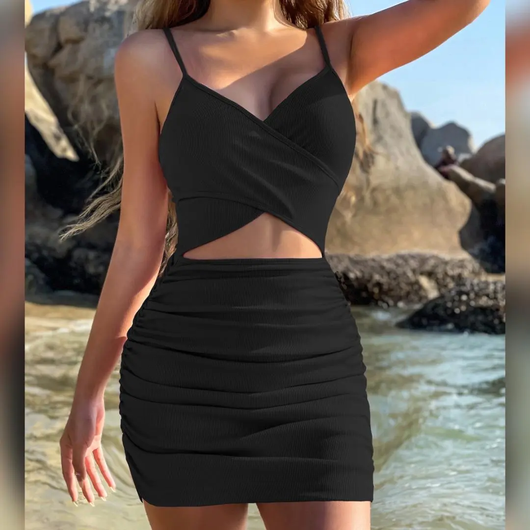 Women's Casual Sleeveless Solid Loose-Fit Mini Dress, Criss Cross Hollow-Out Back, Above-Knee Summer Vacation Beach Cover Up, Women's Clothes, Solid Plain, Above The Knee, No