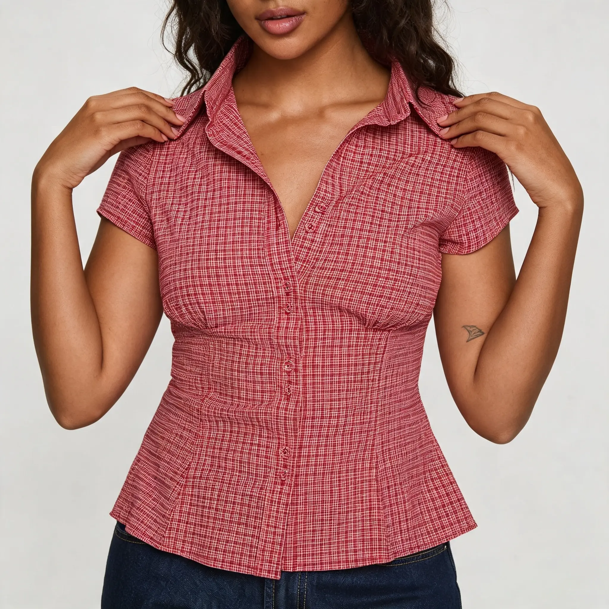 Women's Plaid Short Sleeve Peplum Blouse Collared V Neck Button Down Fitted Shirt Y2K Fit Gingham Checkered Casual Dress Tops for Ladies