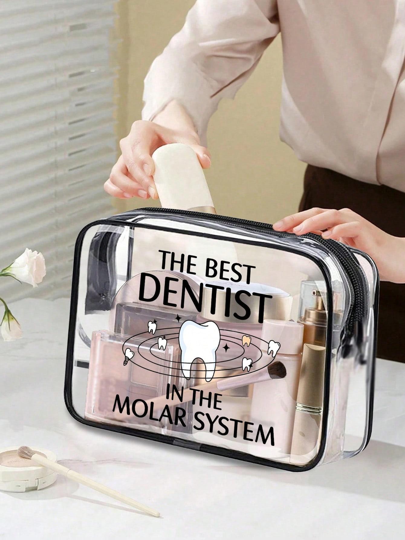 Clear PVC cosmetic bag with fun "Galaxy's Best Dentist" print. Waterproof and portable with zipper. Ideal for dentists, dental students and oral care lovers for work, travel and beach use.