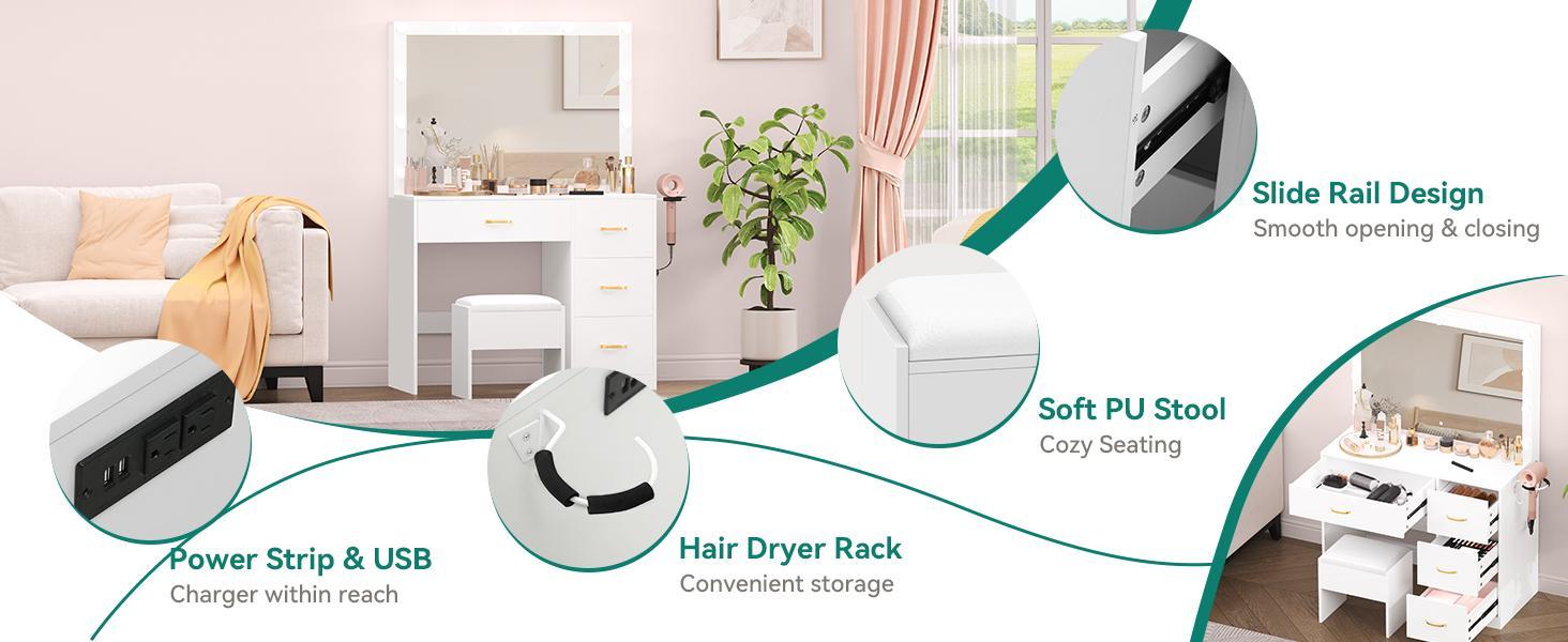 YITAHOME Makeup Vanity Desk with Large Lighted Mirror with Power Outlet and LED/Bulb Strip, 3 Color Lighting Modes with Adjustable Brightness, 4 Drawer Vanity Table with Cushioned Stool for Bedroom