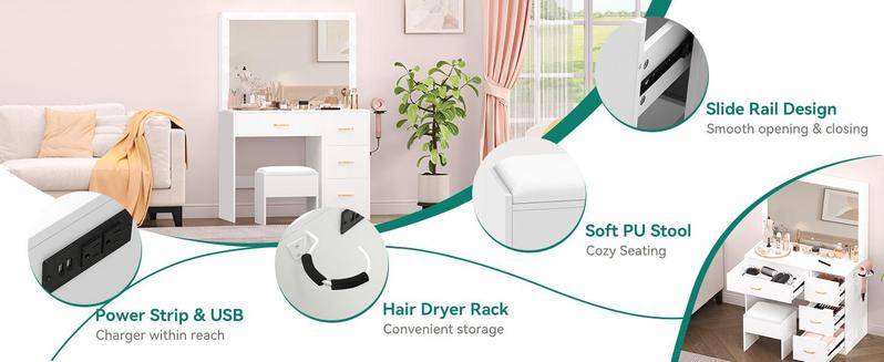 YITAHOME Makeup Vanity Desk with Large Lighted Mirror with Power Outlet and LED/Bulb Strip, 3 Color Lighting Modes with Adjustable Brightness, 4 Drawer Vanity Table with Cushioned Stool for Bedroom