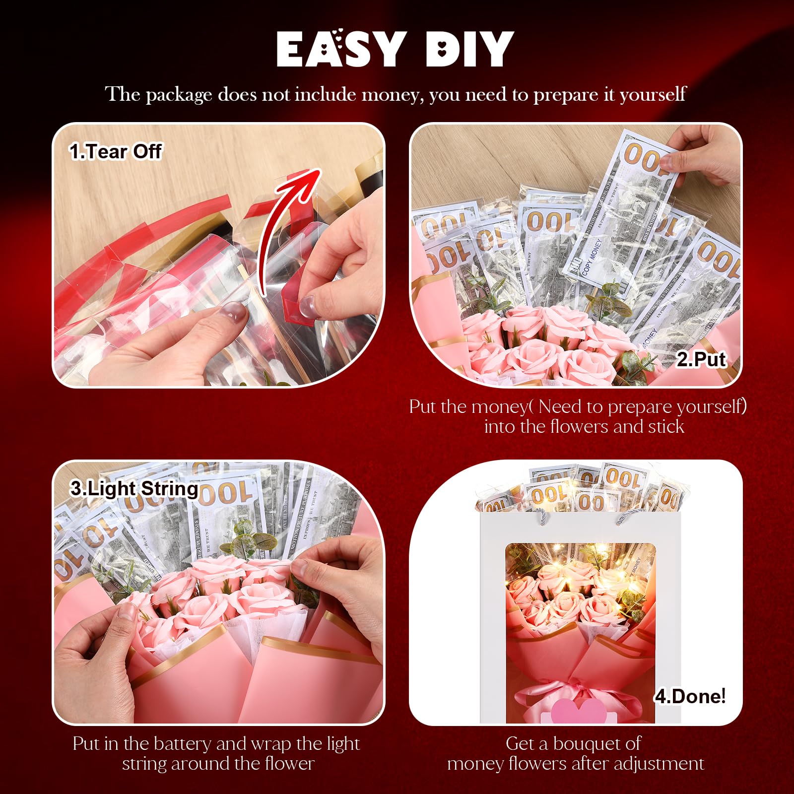 Birthday Gift Money Flower Bouquet Cash Rose Artificial Bouquet Money Bouquet Kit for Cash Gift Pink Money Bouquet Flowers with Bag LED Light String Card for Birthday Party Anniversary  Weddig Gift for Women Girlfriend  (money not included)