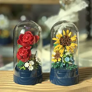 Valentines Day Gifts for Kids Teens Adults dust-proof-Flower Building Blocks with Valentines Cards for Girls Boys Classroom Exchange and Party Favors, Flower Bouquet Building Blocks for Women, Plastic Faux Flowers