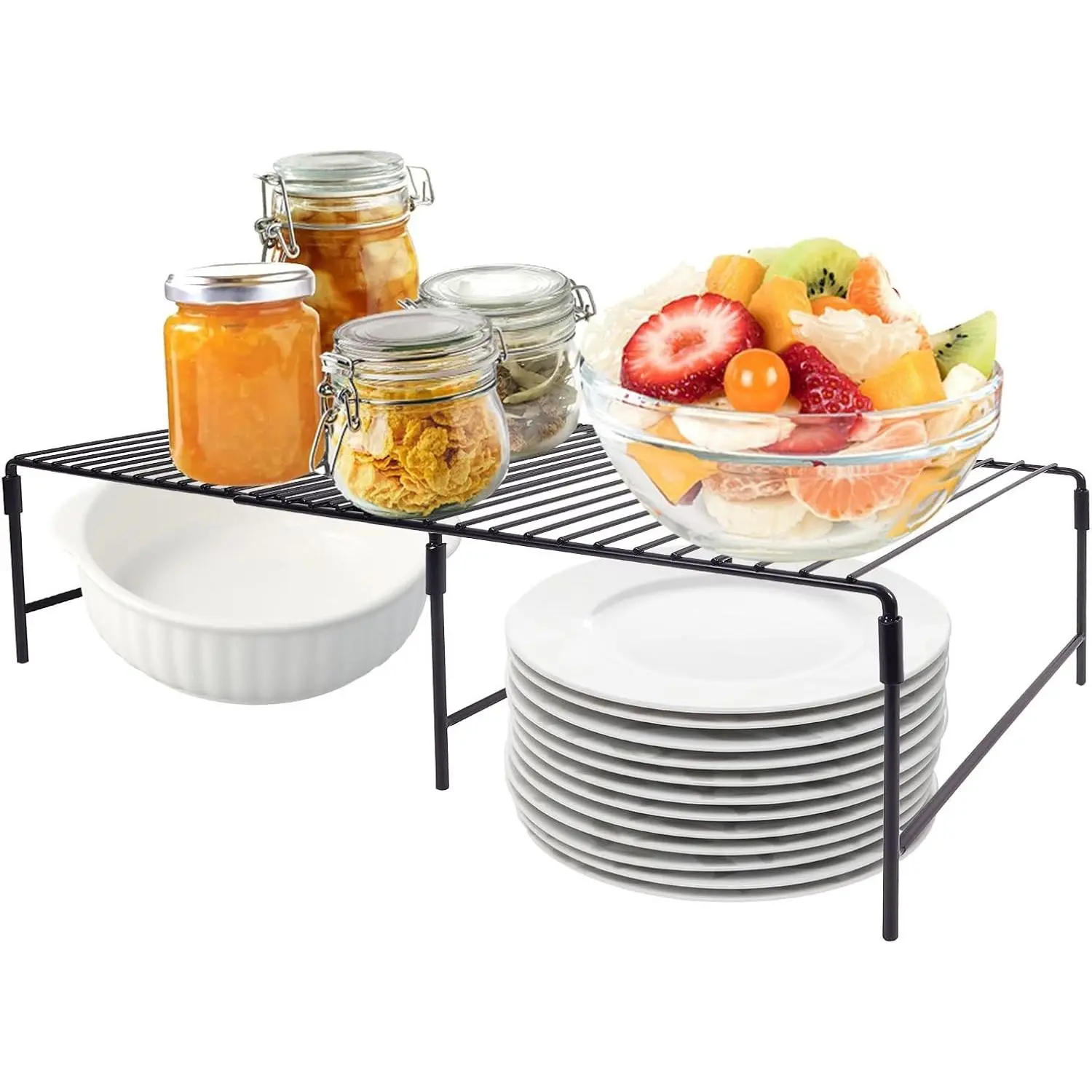 Refrigerator Organizer Freezer Organizer, Expandable Adjustable Kitchen Cabinet Rack for Pantry, Cupboard, Countertop - Space Saving Shelf (Black)