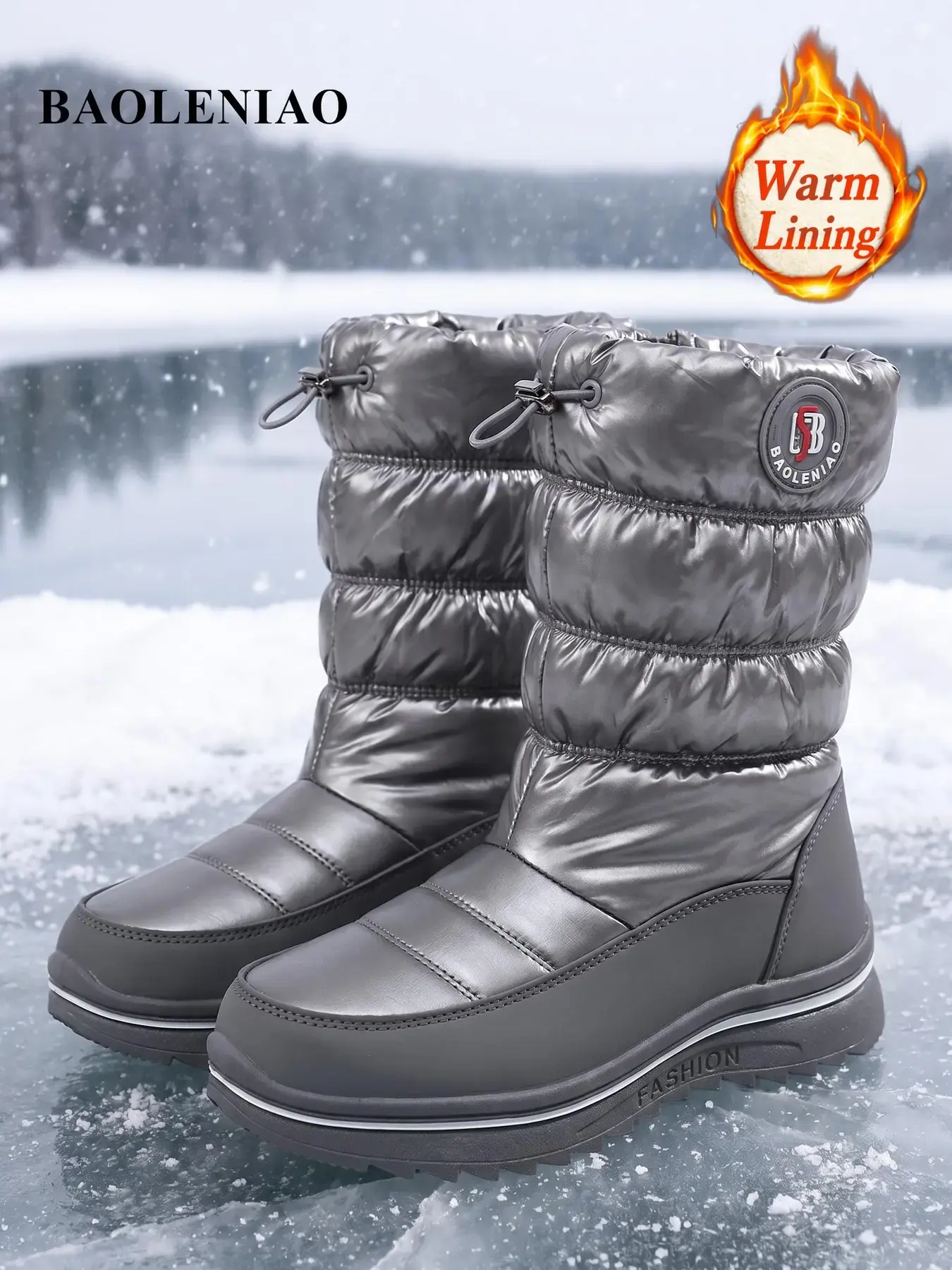 2026 New Women's Glossy PU Snow Boots, Fashion Boots, Adjustable Laces, Warm Fleece Lining, Non-Slip Thick Sole, Mid-Calf Winter Shoes for Outdoor Use #GLOBAL PICKS