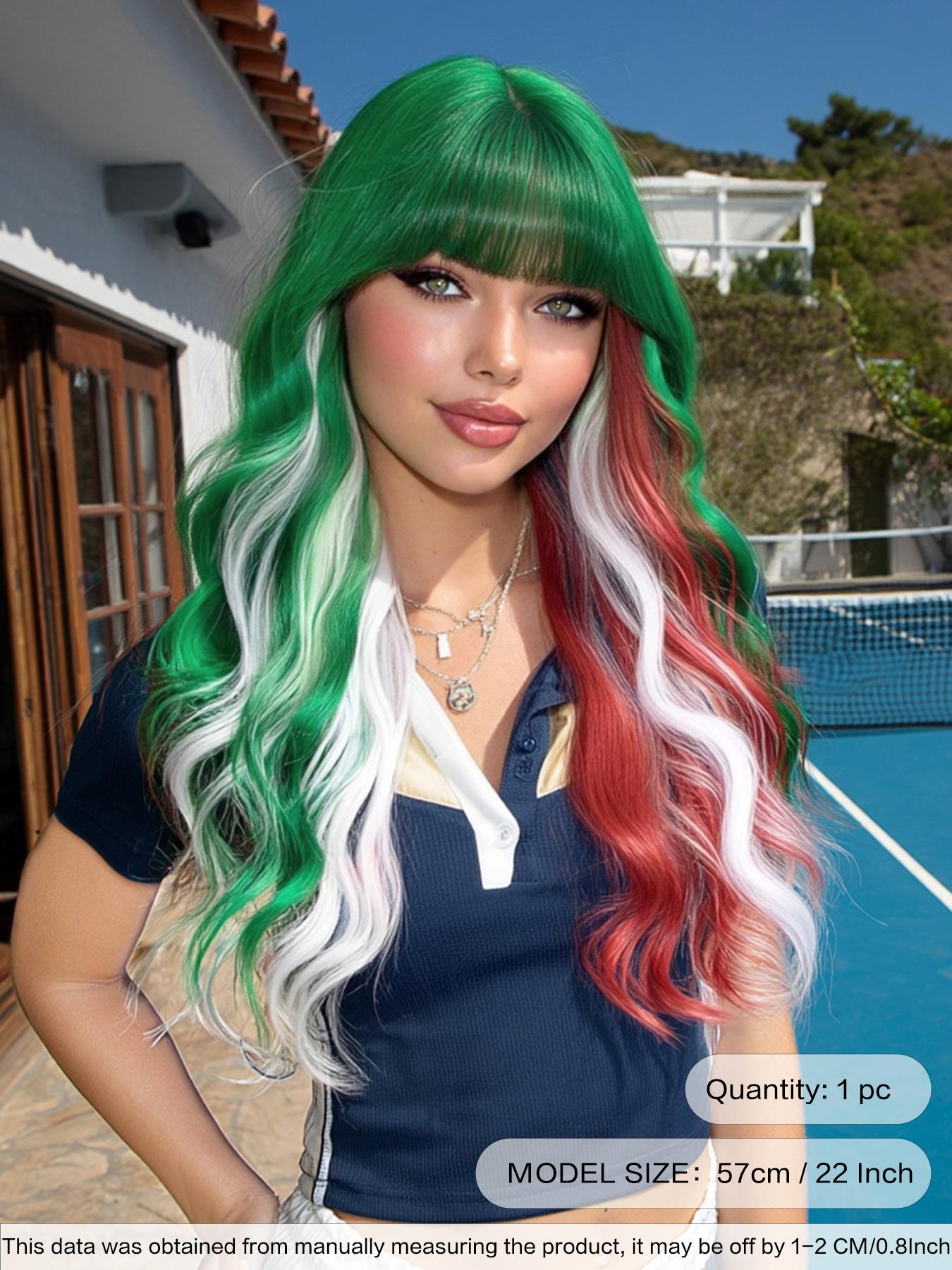 Red White & Blue Wigs for Women 22 Inch Medium Length Wavy Curly Wig with Bangs Synthetic Heat Resistant Wig for festival Fan Zone Support