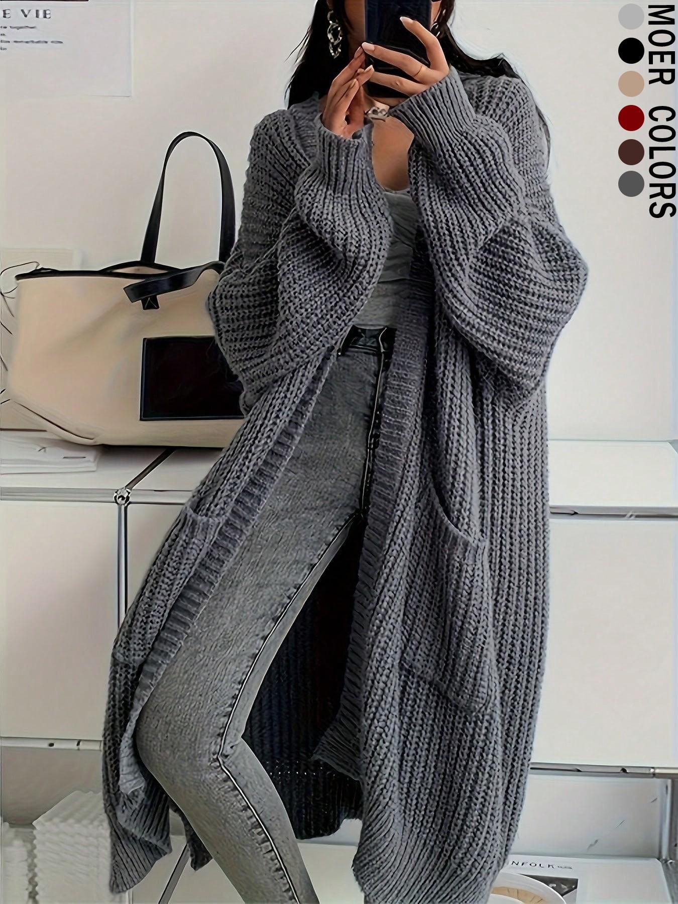 Women's Fashionable Elegant Casual Commuter Knit Long Cardigan, Long Sleeves, Stylish Versatile Outerwear for Fall and Winter, Comfortable and Warm Sweater Coat