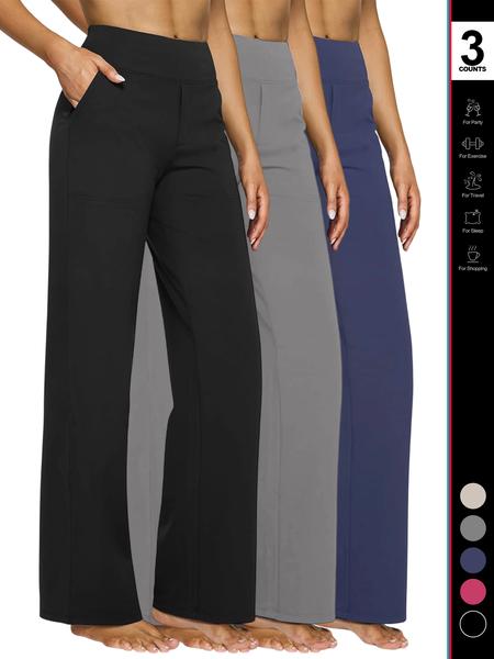 Women's High Waist Yoga Pants with Pockets, Fitted Wide Leg Sportswear, Casual Elastic Dress Pants for All Seasons  Yoga Pants Women Wide Leg Activewear Pants with Pockets High Waist Stretch Dress Casual Sweatpants Breathable Activewear Bottoms