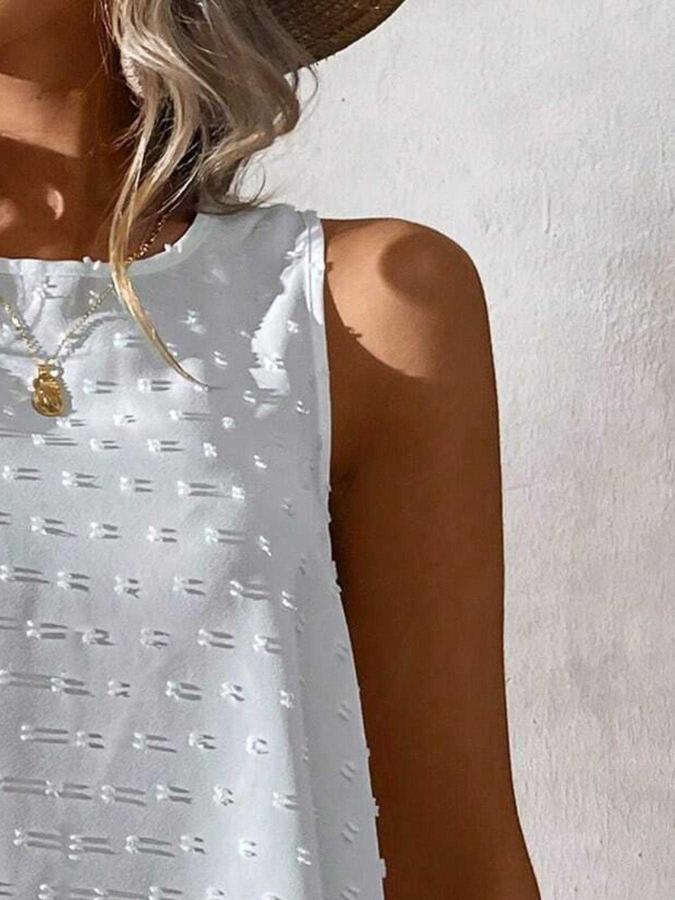 Women's Jacquard Sleeveless Vest, Casual Loose Fit Asymmetrical Hem Top, Summer Round Neck Versatile Shirt