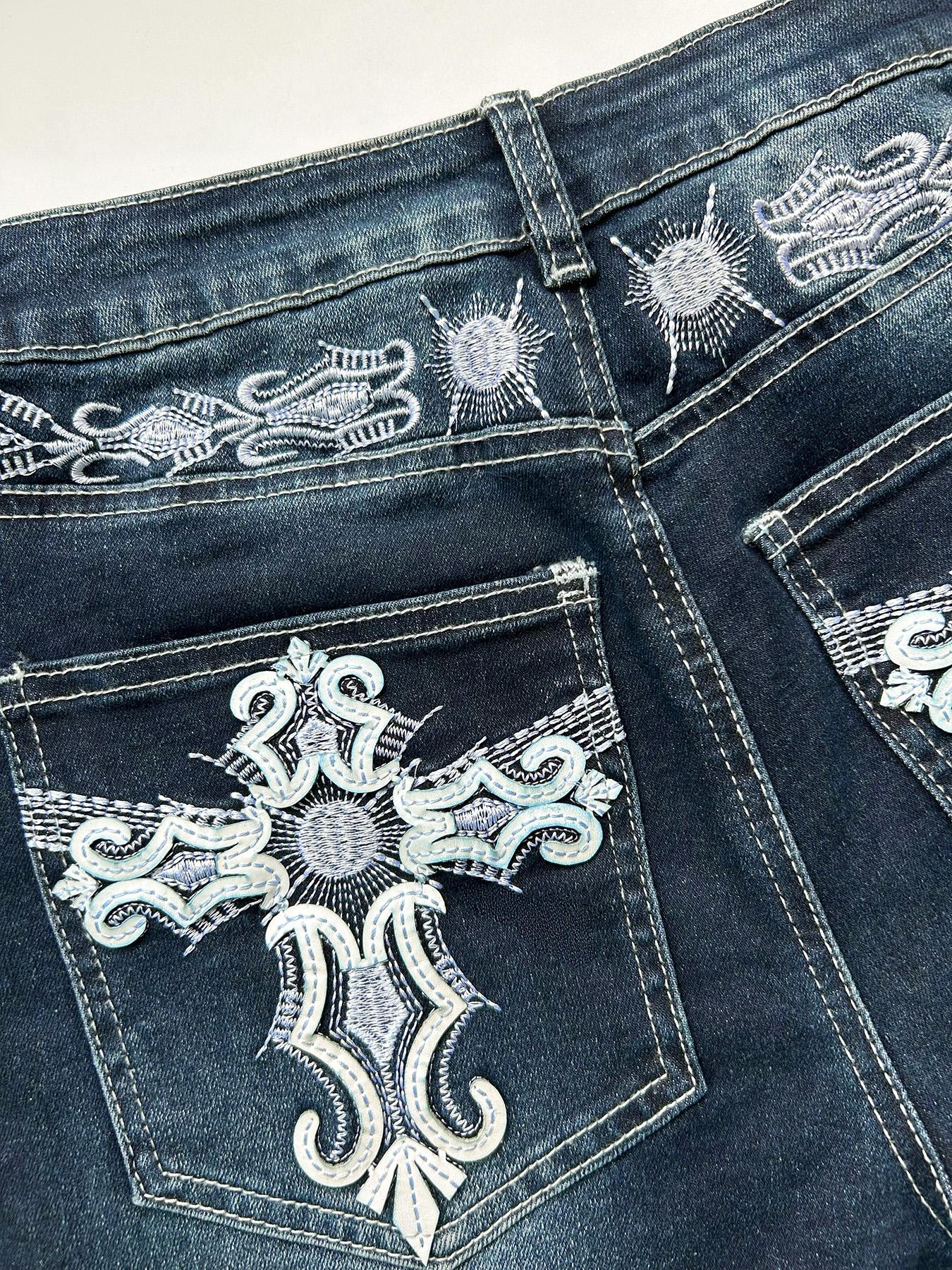 Grunge Punk Y2K Retro Poket Cross Wings Embroidered Flare Leg