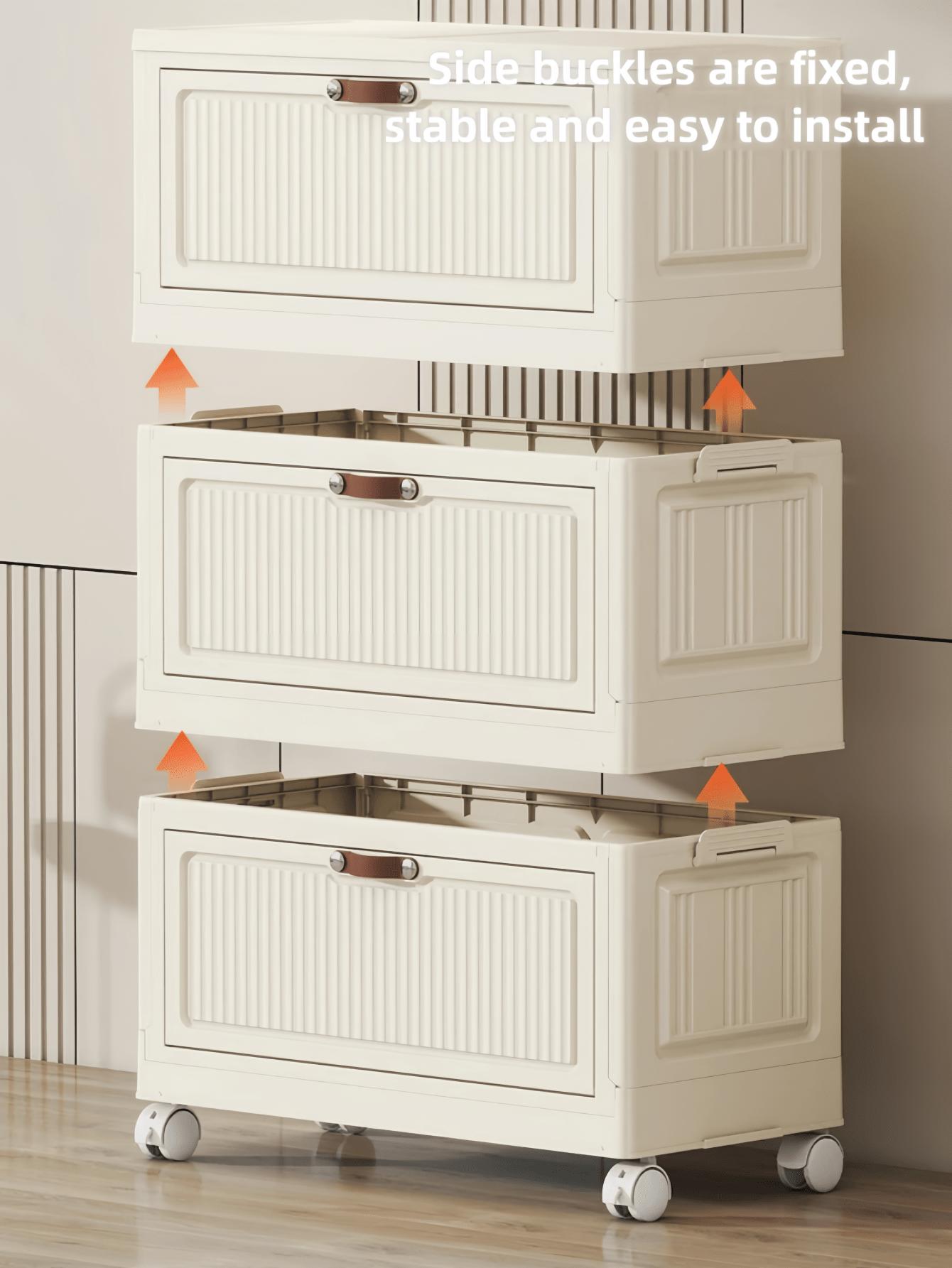 Foldable Storage Bins with Lids，Stackable Home Storage Cabinet Organizer for Closet - 4/5/6-Tier Stylish Plastic Storage Containers with Magnetic Doors & Wheels, Waterproof Collapsible & Portable Storage Solution, Collapsible Storage Box, Kitchen Pantry