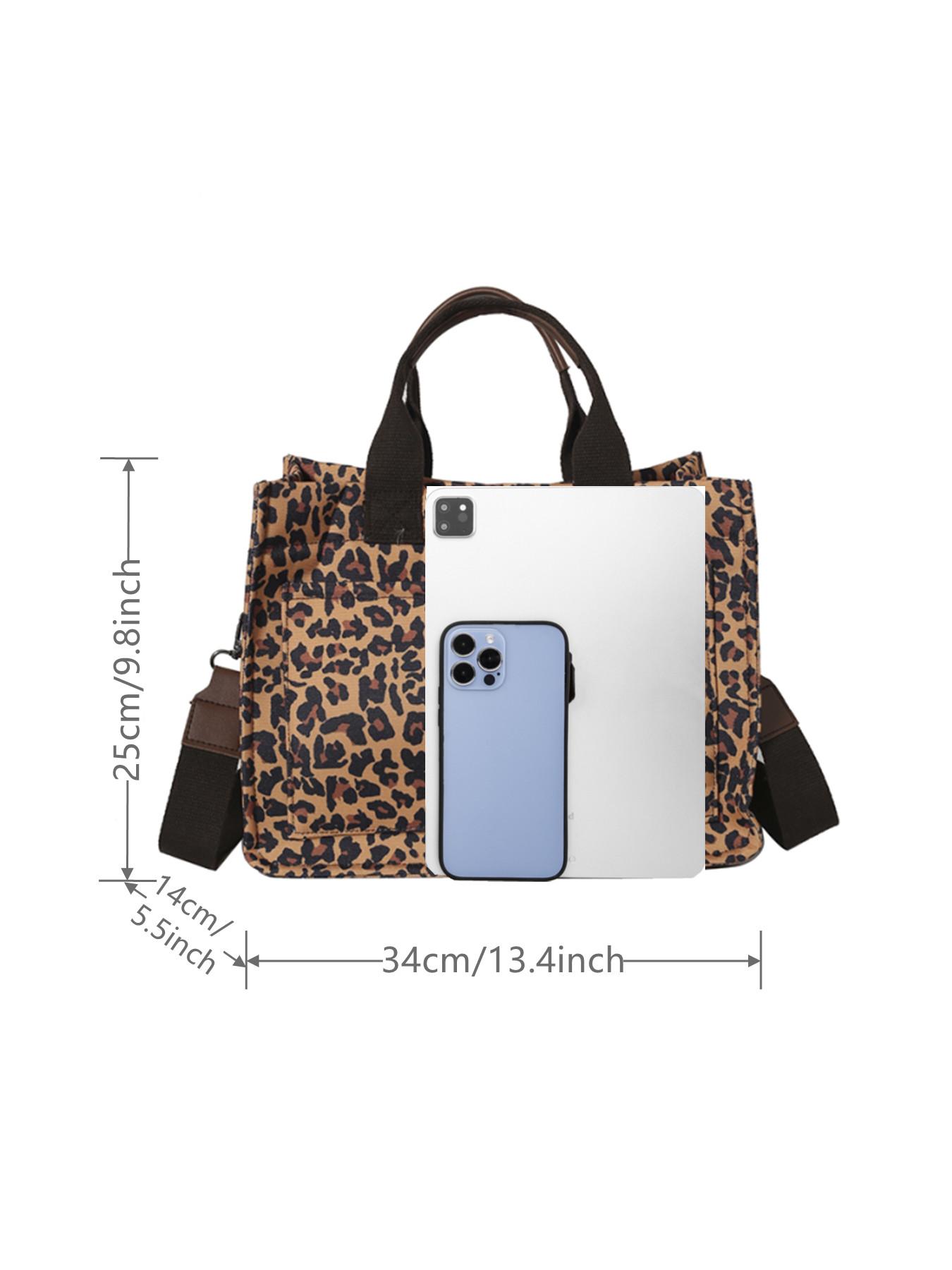Fashion Leopard Pattern Adjustable Tote Bag, Casual Letters Patched Decor Shoulder Bag for Women, Trendy All-match Commuter Bag, Handbag Shoulder Bag