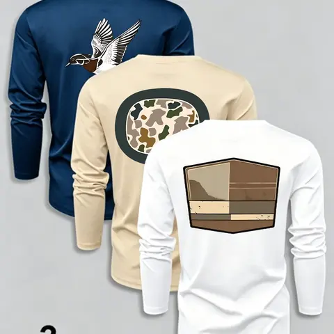 Men's Classic 3-Piece Set Graphic Letter Animal Print Camo Print Camouflage Long Sleeve Crewneck T-Shirts, Casual Streetwear Essential Fitted Menswear Tops for Spring & Fall, Comfortable Moderate Fabric