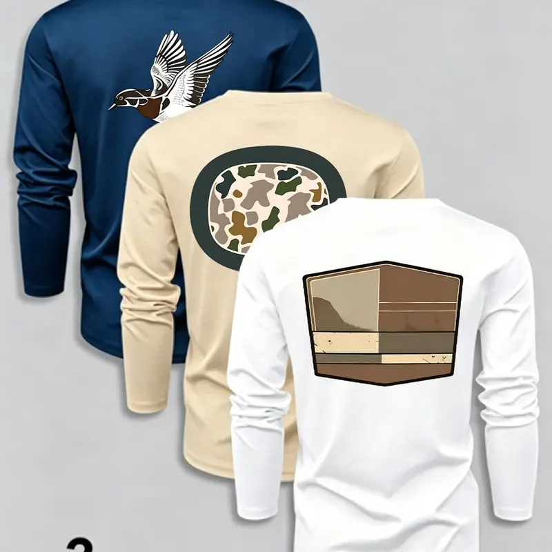 Men's Classic 3-Piece Set Graphic Letter Animal Print Camo Print Camouflage Long Sleeve Crewneck T-Shirts, Casual Streetwear Essential Fitted Menswear Tops for Spring & Fall, Comfortable Moderate Fabric