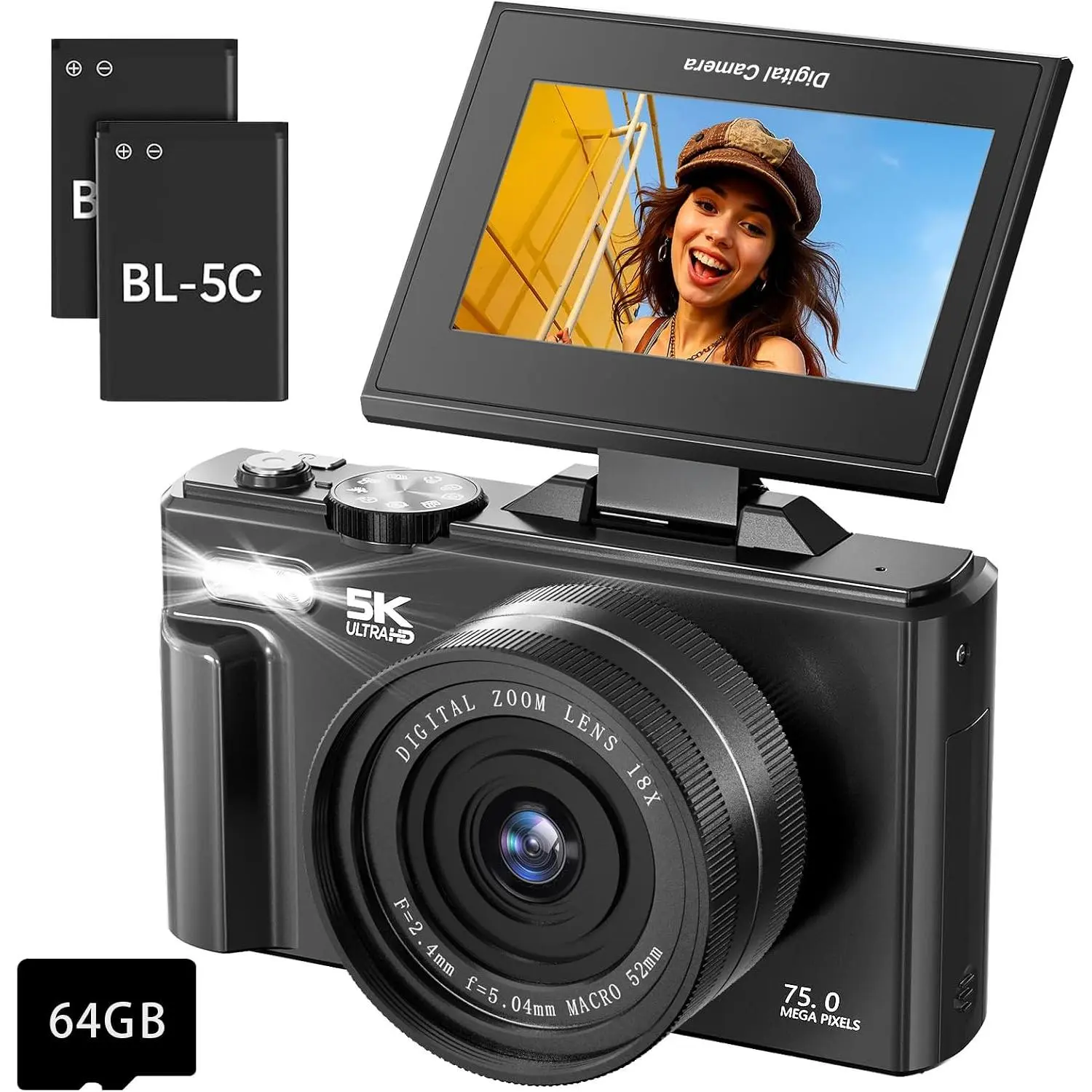 5K Digital Camera for Photography - 75MP Autofocus Vlogging Camera with 64GB SD Card, WiFi, 18X Zoom 3" 180° Flip Screen Compact Travel Camera with 2  for Teens and Beginner