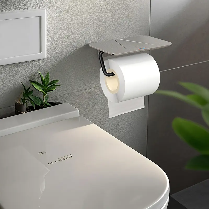 Herrnalise Toilet Paper Holder With Phone Shelf,Space Aluminum,Adhesive Or Screw Wall Mount Toilet Tissue Roll Holder For Bathroom Gun Black