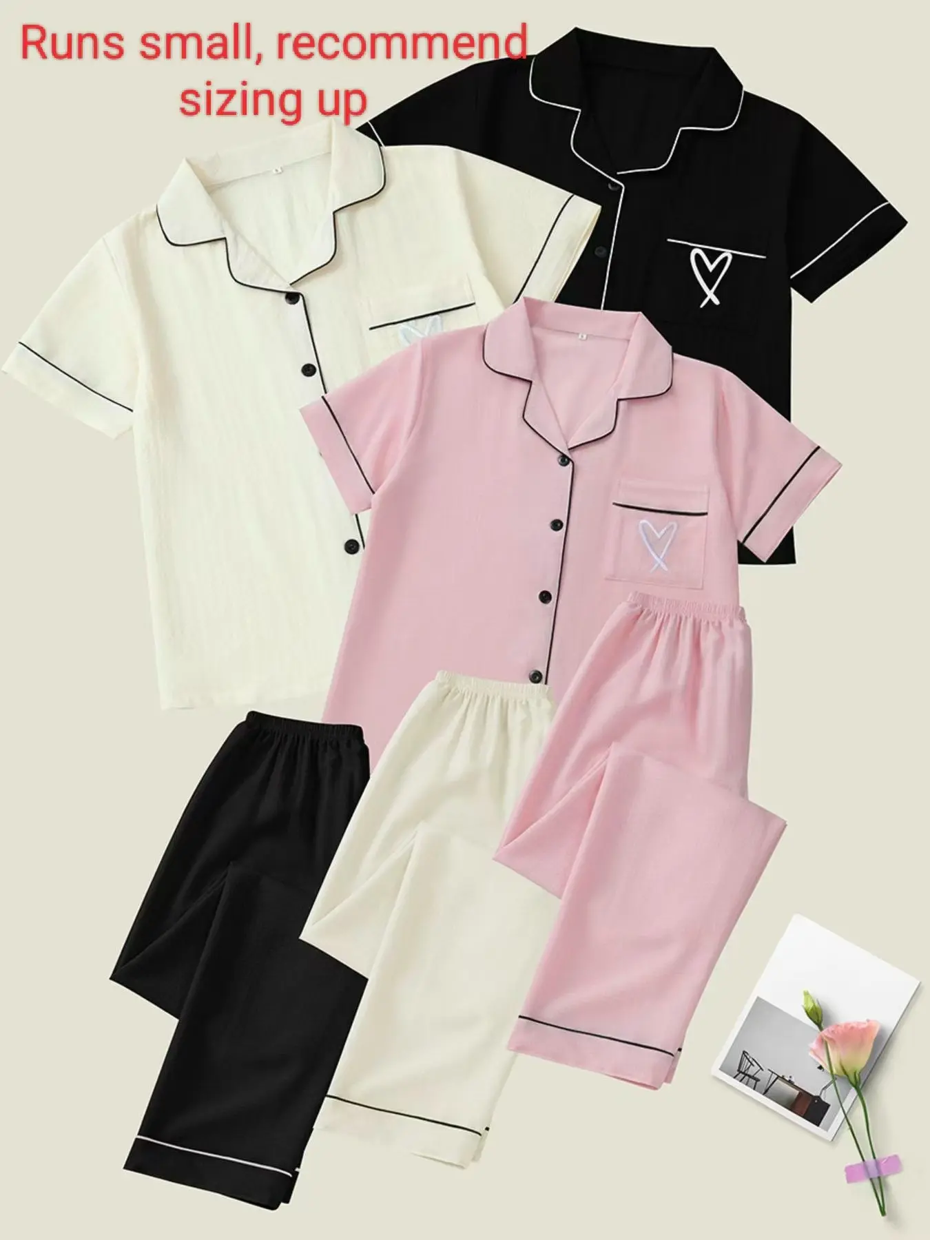 Women's Heart Embroidery Notch Collar Short-Sleeve Pocket Collared Pajama Set, Casual Comfy Shirt & Shorts Sleepwear & Loungewear for All Seasons