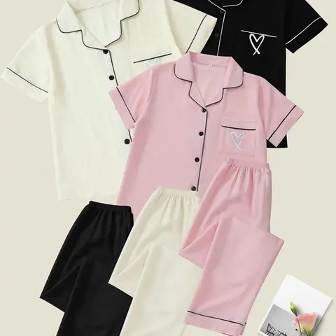 Women's Heart Embroidery Notch Collar Short-Sleeve Pocket, Casual Comfy Shirt & Shorts PJ Set, Sleepwear & Loungewear for All Seasons