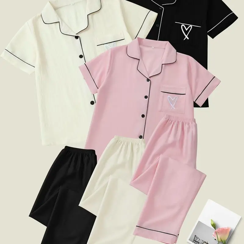 Women's Heart Embroidery Notch Collar Short-Sleeve Pocket, Casual Comfy Shirt & Shorts PJ Set, Sleepwear & Loungewear for All Seasons