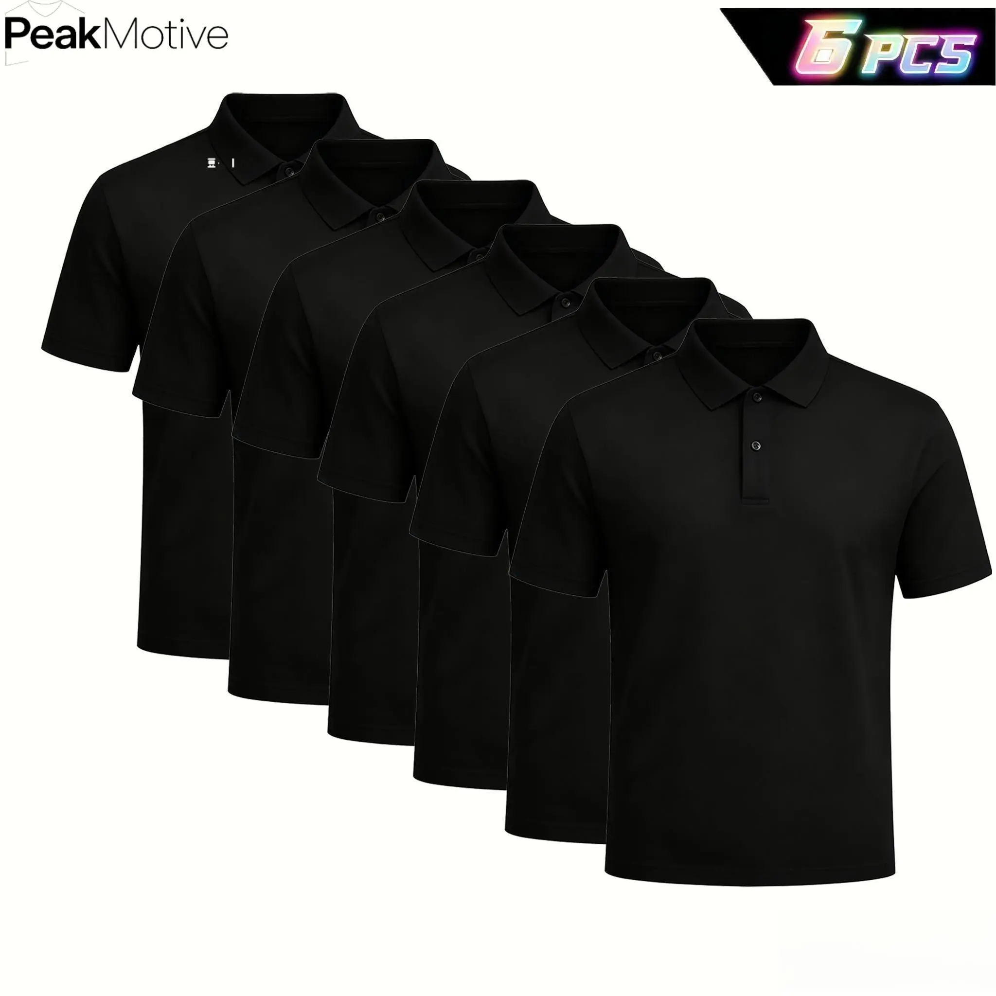 PEAKMOTIVE Men's 6-Pack Basic Casual Polo Shirts, Short Sleeve Button Collar with Sleeve Pocket, Polyester Spandex Comfort Fit Polos for Golf, Work, Summer Daily & Outdoor Wear