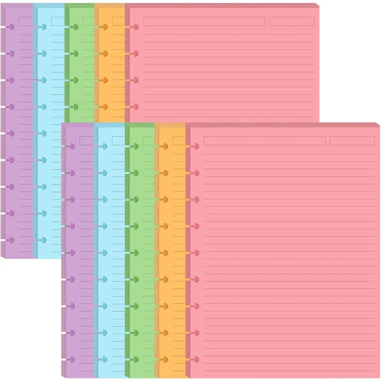 (2-Pack) 9-Disc Discbound 5 Colorful Line Paper Pre-punched Inserts, 200Sheets/400Pages Classic Size Line Loose-Leaf Paper, Per Color 40 Sheets, 7" x 9.25"