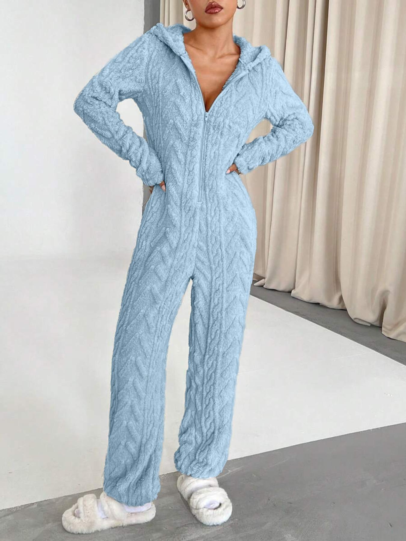Elegant Chic Women's Solid Color Wool Hooded Long Sleeve Deep V Sexy Jumpsuit, Slim-Fit Contemporary Style for All Seasons