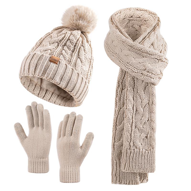3PC Womens Winter Knit Hat Scarf and Gloves Set Fleece Lined Pom Pom Beanie Long Knit Scarf and Touchscreen Gloves Chic Warm Christmas gift sets Accessory Fashion