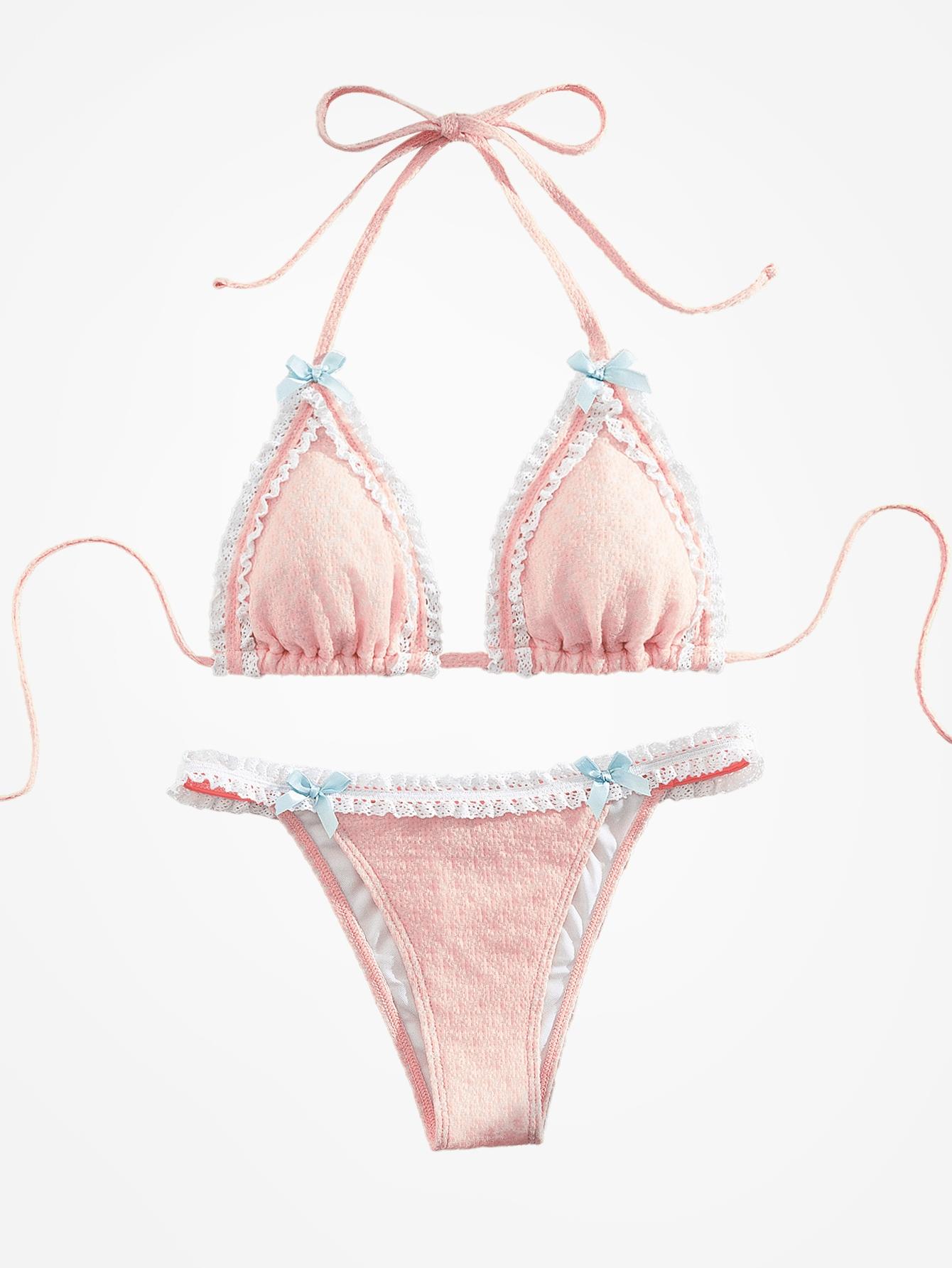 Two-Piece Set Women's Contrast Lace Bow Decor Bikini Set, Casual Tie Back Swim Bra & Swim Bottoms, Ladies Swimsuit for Beach Vacations, Summer Halter Bathing Suit