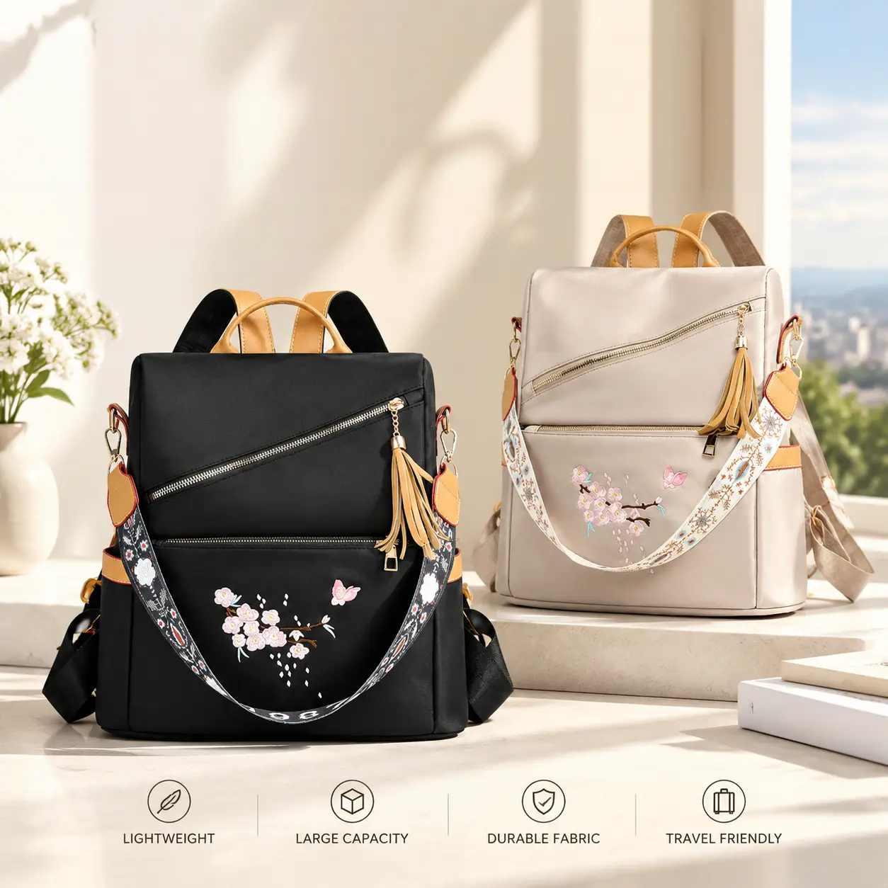 Women's Compact Shape Backpack, Female Daily Commute Bag with Multiple Pockets (Hidden Zip, Phone, Card), Soft Water-Resistant Light Casual Daypack for Work/School Spring Matching (Black, Beige, Brown)