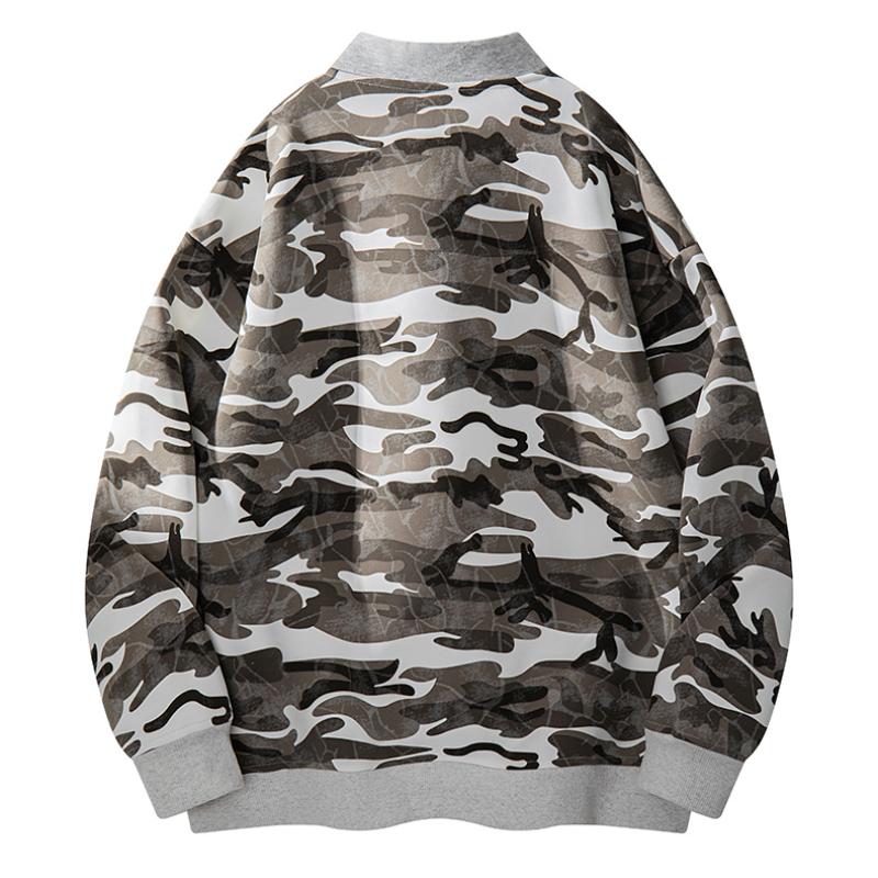 Men's Camo Black Longsleeve Zip-Up Baseball Collar Flying Jacket - Casual Street Outdoor Wear, Full-Front Zipper, Side Pockets, Loose-Fit Polyester Menswear Top for Spring, Autumn Daily Commute, Machine Washable