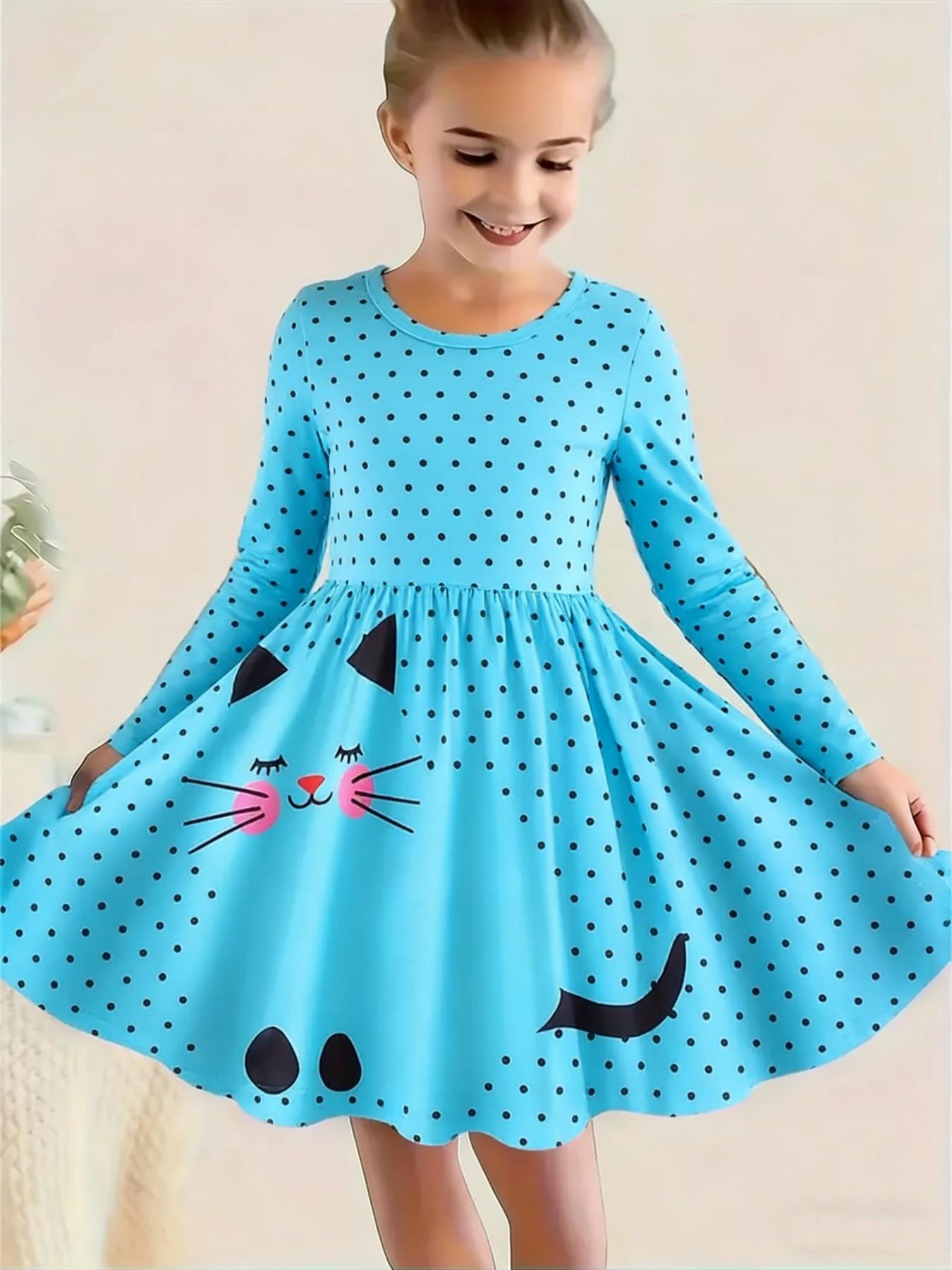 Girls' Casual Dress with Cartoon Pattern, Slim-Fitting Long Sleeve Round Neck, Fashionable Kids' Clothing, Comfortable and Stylish