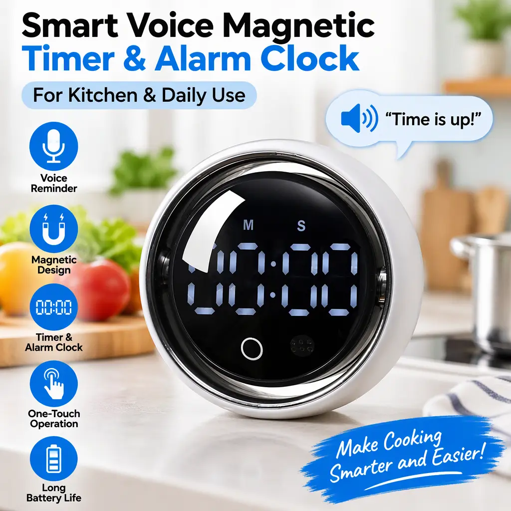 Magnetic Smart Timer with Voice Control, Works as Kitchen Alarm Clock & Reminder,Pre-lit