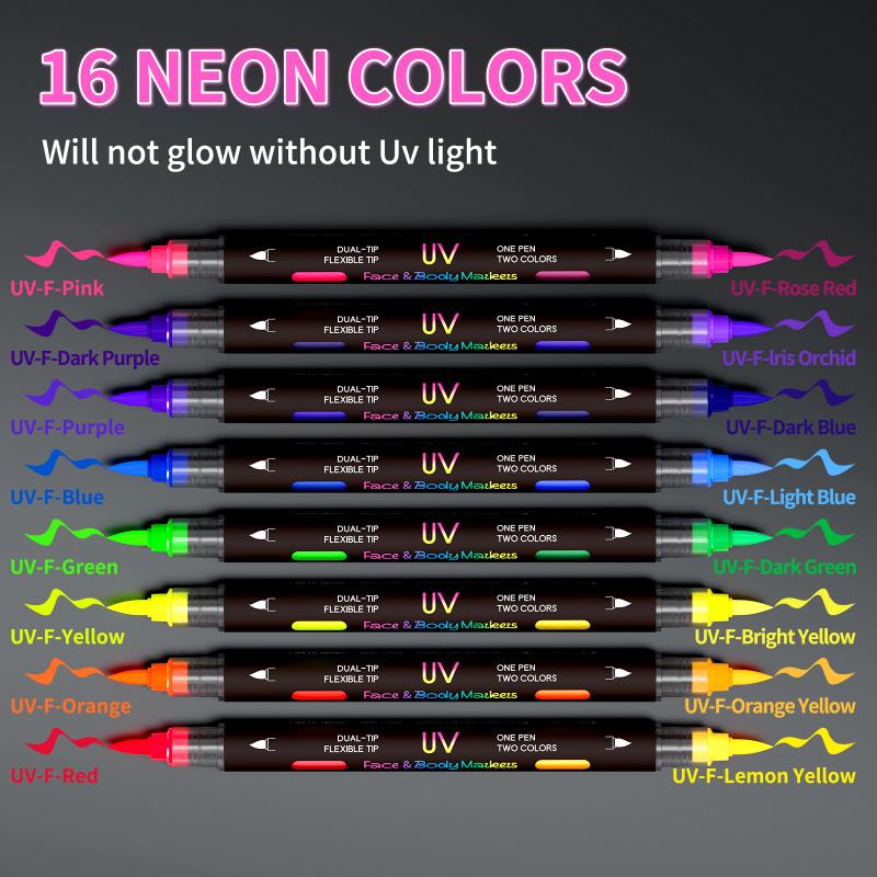 Glow in The Dark Face Paint Markers 8Pack 16 Colors, Black Light Neon Body Paint Pens for Skin, Washable Formula UV Temporary Tattoo for Birthday Glow Party Supplies Halloween Makeup Easter Basket Stuffers