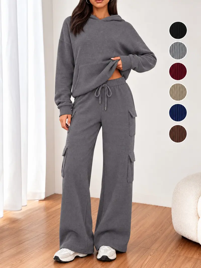 Women’s 2 Piece Ribbed Hoodie Set, Long Sleeve Pullover & Wide Leg Cargo Pants, Casual Lounge for Fall Winter, Holiday Gift Women’s 2 Piece Ribbed Hoodie Set, Long Sleeve Pullover & Wide Leg Cargo Pants, Casual Lounge for Fall Winter, Holiday Gift