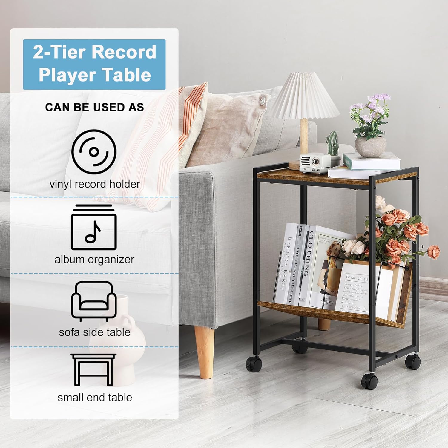 Record Player Stand Industrial Record Player Table with Album Storage Shelf, Turntable Stand with Wheels Vinyl Record Holder Cabinet for Living Room Office, Rustic Brown