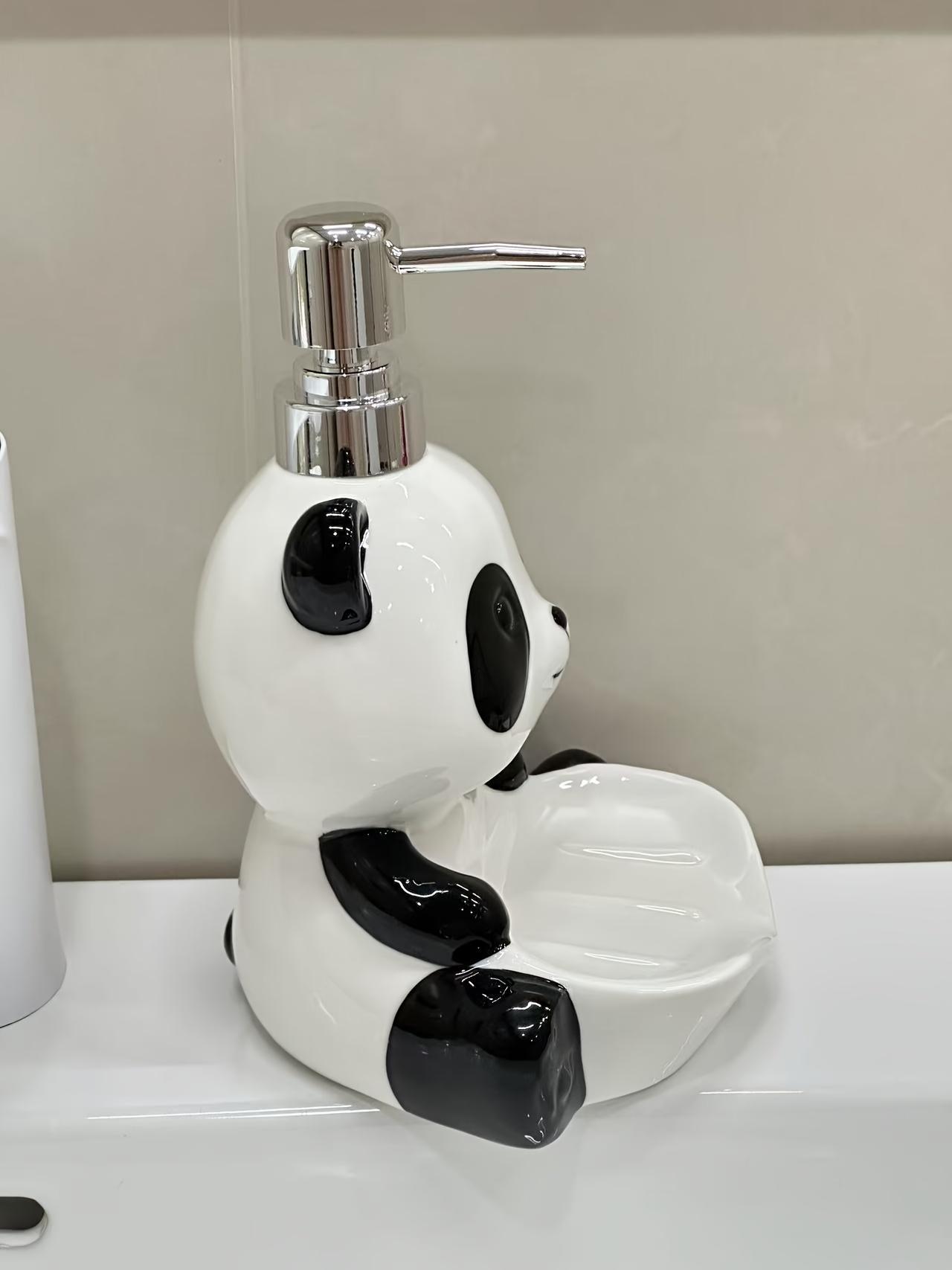 Cute Panda Animal Shape Dual-Use Multi-Purpose Ceramic Dispenser Bottle with Plastic Accents - Holds Lotion, Soap, Hand Wash, Shower Gel, Kitchen Detergent - Bathroom Decor for Kitchen Use