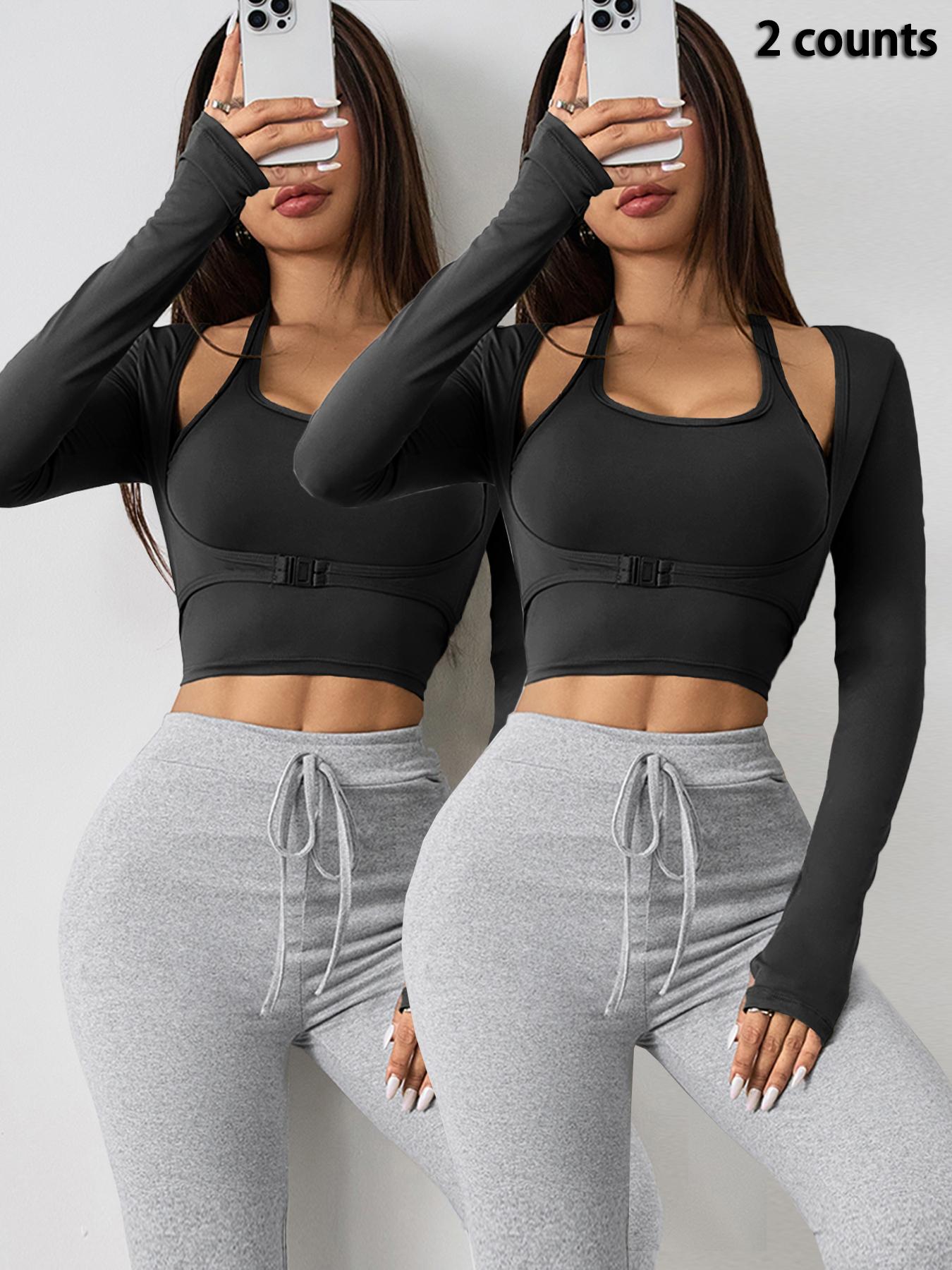 Women's Halter Crop Tank Top & Thumb Hole Sports Tee Set, Sleeveless Top & Buckle Front Sports Top Set, Gym Yoga Exercise Clothing Set for Women