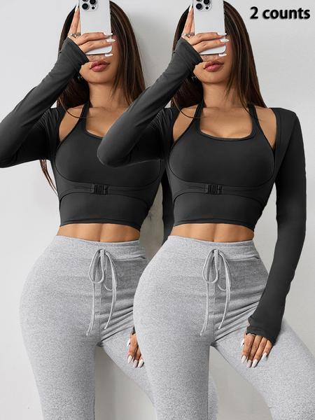 Women's Two-Piece Set, Halter Crop Tank Top & Thumb-Hole Sports Tee, Sleeveless Cami & Buckle-Front Top, Gym Yoga Exercise Clothing for Women, Sportswear For Gym