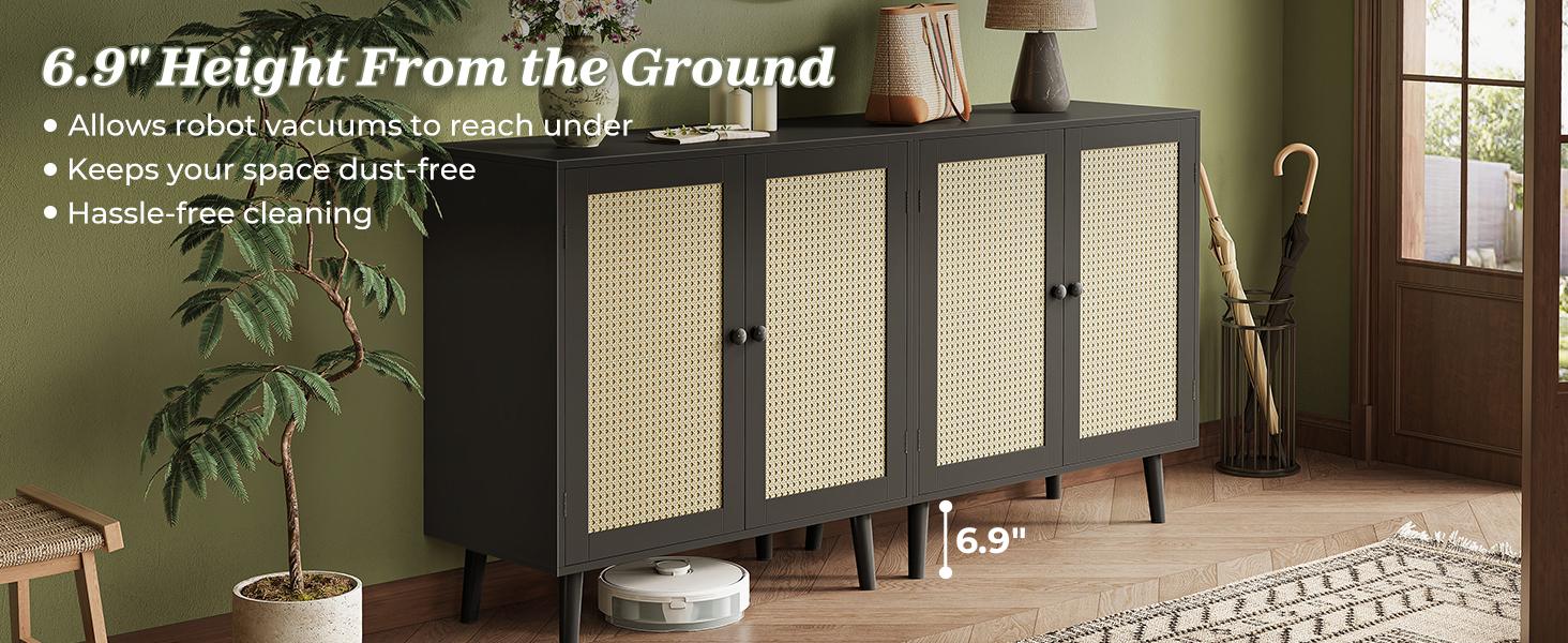 Huuger Buffet Cabinet with Storage, Storage Cabinet with PE Rattan Decor Doors, Media Console with Solid Wood Feet, Sideboard Cabinet for Hallway, Entry, Living Room