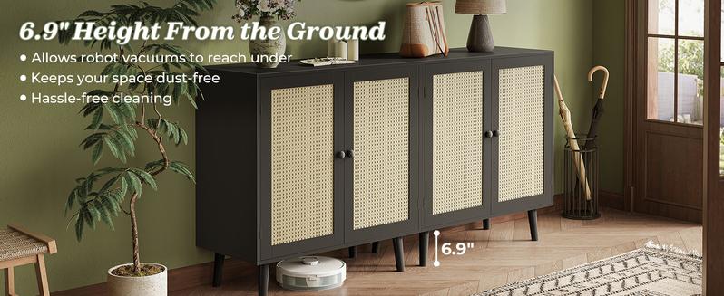 Huuger Buffet Cabinet with Storage, Storage Cabinet with PE Rattan Decor Doors, Media Console with Solid Wood Feet, Sideboard Cabinet for Hallway, Entry, Living Room