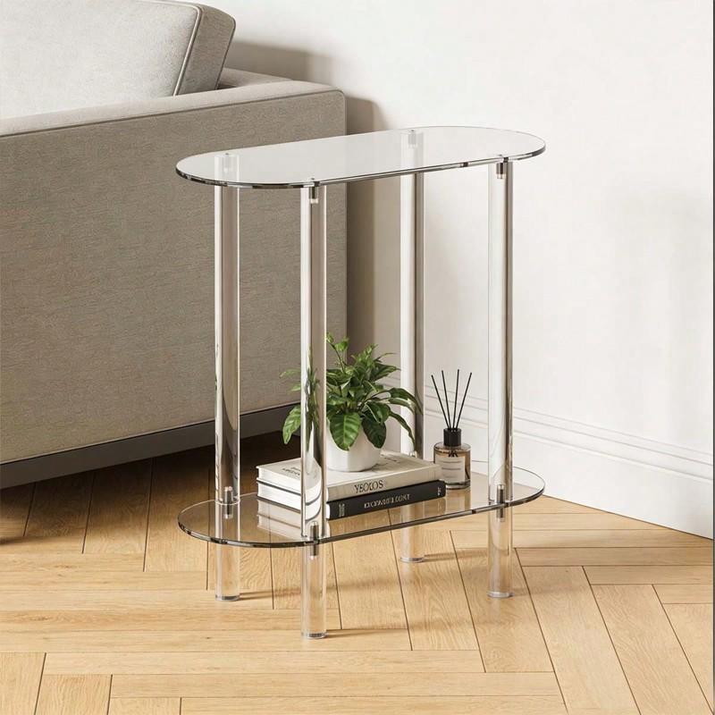 Transparent Acrylic 2-Layer Side Table, Modern Simple Rectangular Bedside Cabinet, Multi-Functional Decorative End Table for Living Room Bedroom
