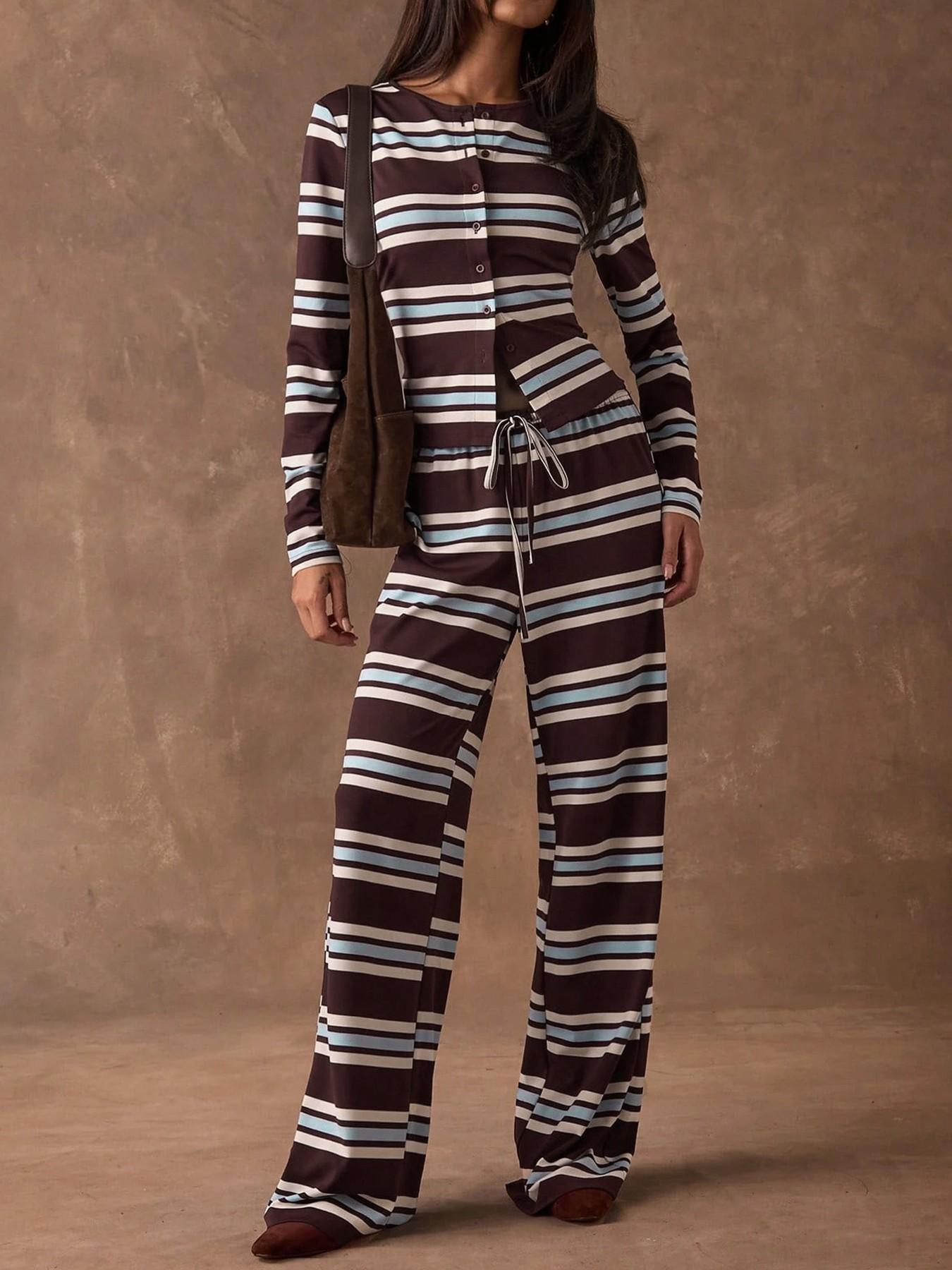 Women's Striped Knit Two-Piece Set, Crew Neck Long Sleeve Button Front Crop Top, Elastic Waist Drawstring Wide Leg Pants, Daily Casual Loungewear Vacation Wear, Soft Stretchy Breathable