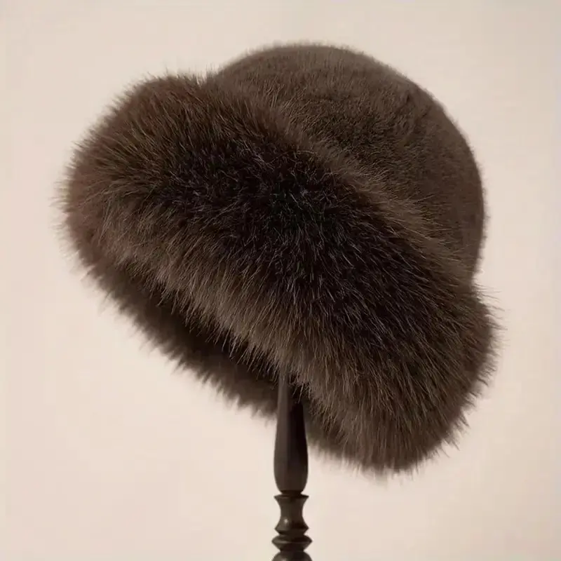 Women’s Brimless Faux Fur Mongolian Hat, Fluffy Plush Winter Hat, Thick Warm Headwear for Skiing, Riding & Cold Weather Daily Outfit, Trendy Fall Winter Fashion Accessory