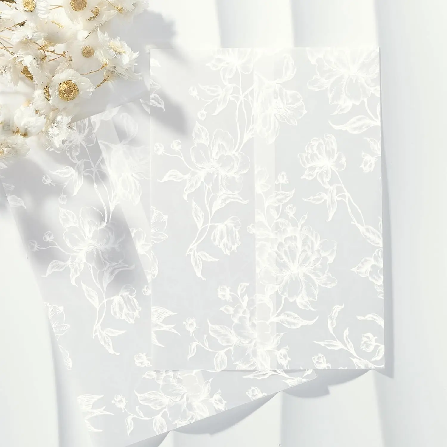 100 Pack White Grace Bloom Vellum Jackets for 5x7 Invitations, 115GSM Pre-Folded Vellum Paper, for Wedding Invitations Wraps, Vintage Theme Wedding & Events