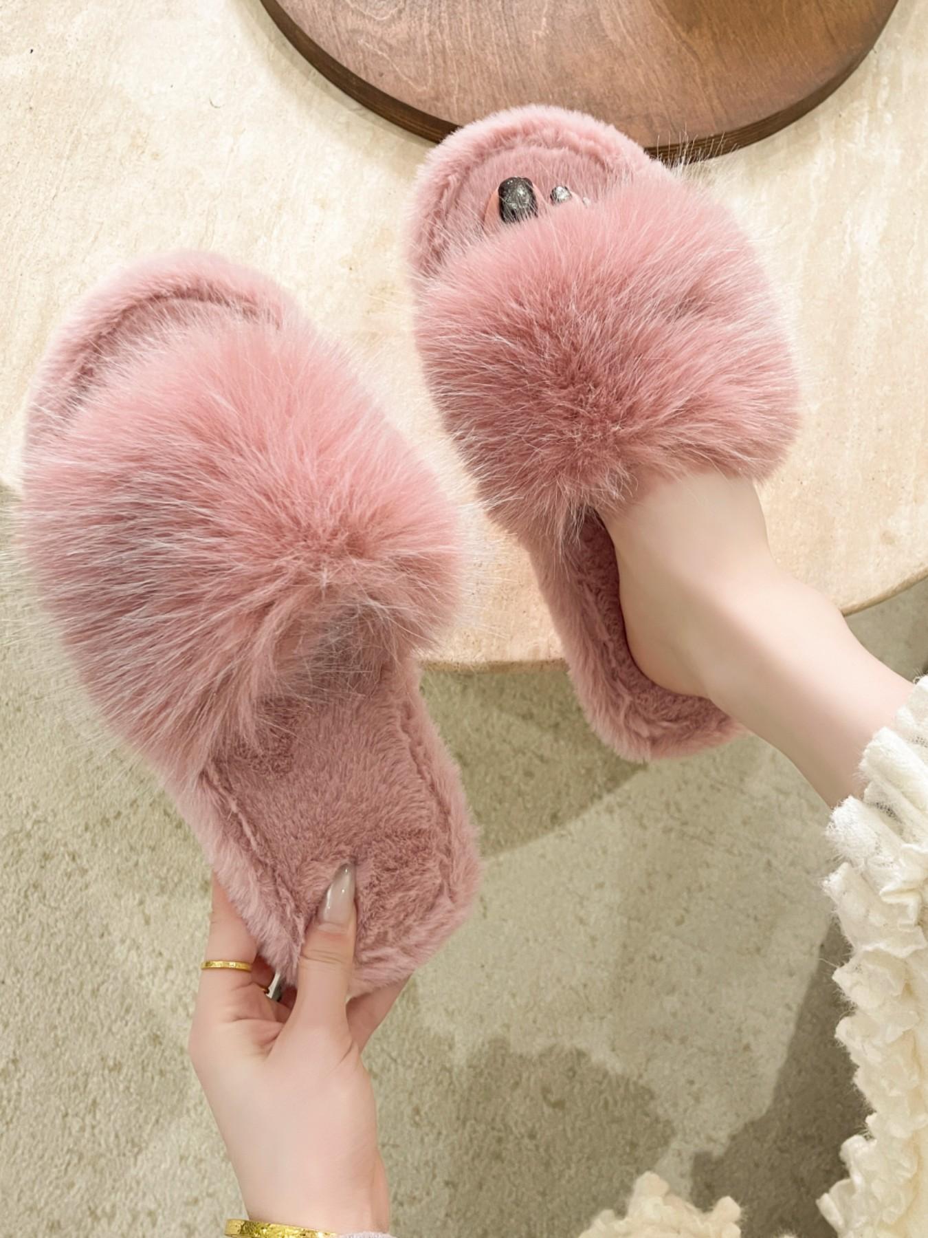 Pure Color Plush Slippers, Comfortable Soft Shoes for Women and Girls, Fashion Trendy Design, Open-Toe Wedding Shoes